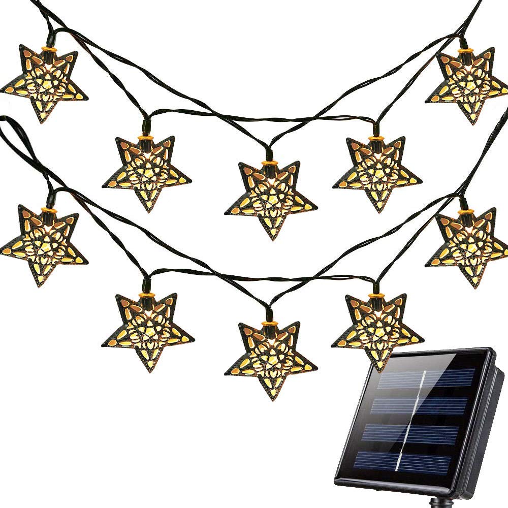 Solar Star String Lights - 15.7FT 20LED Moroccan Metal Stars Outdoor Solar Fairy Lights for Garden, Yard, Home, Landscape & Christmas Party Decorations (Warm White) | Perfect for Patio, Wedding, Backyard & Holiday Lighting