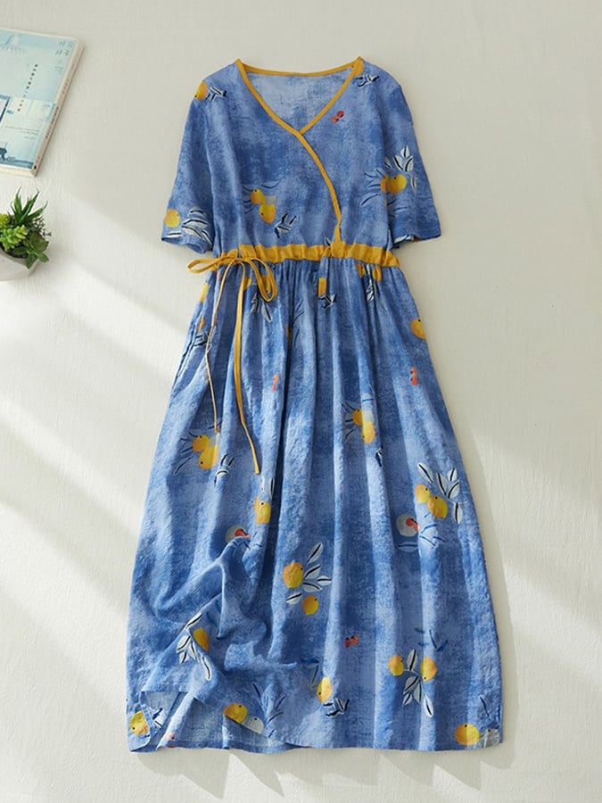 Lovevop Women's Cotton Linen Vintage Print Wrap V-Neck Dress - Elegant Retro Style for Casual Wear, Date Night & Summer Outings