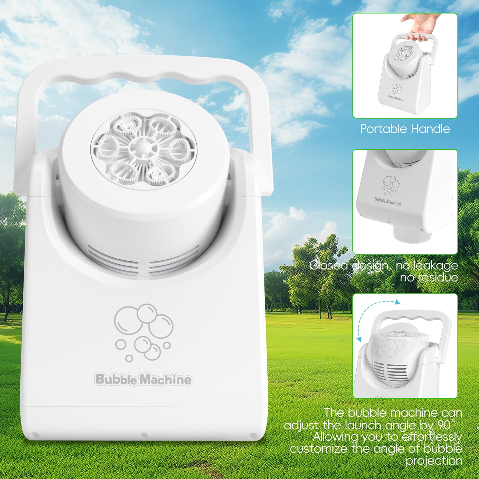 **Automatic Bubble Blower Machine for Kids - Battery Operated, 90° Adjustable Angle, Portable Electric Bubble Maker - Perfect for Birthday Parties, Weddings, Outdoor Play & Indoor Fun (White)**