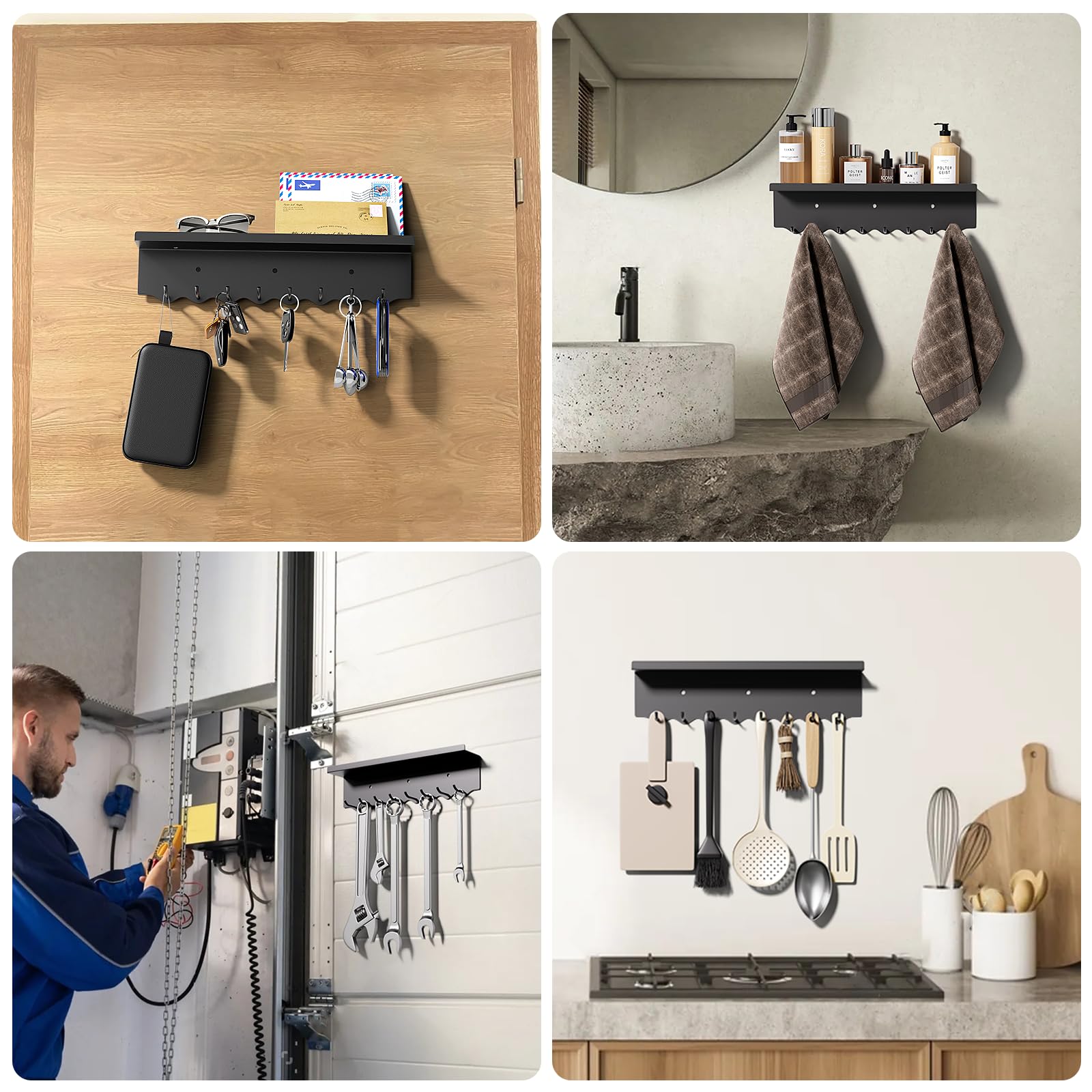 Magnetic Key Holder Wall Mount with 8 Hooks - Adhesive Key Rack & Mail Organizer Tray for Entryway, Refrigerator - Black | Perfect for Home, Office & Apartment Organization