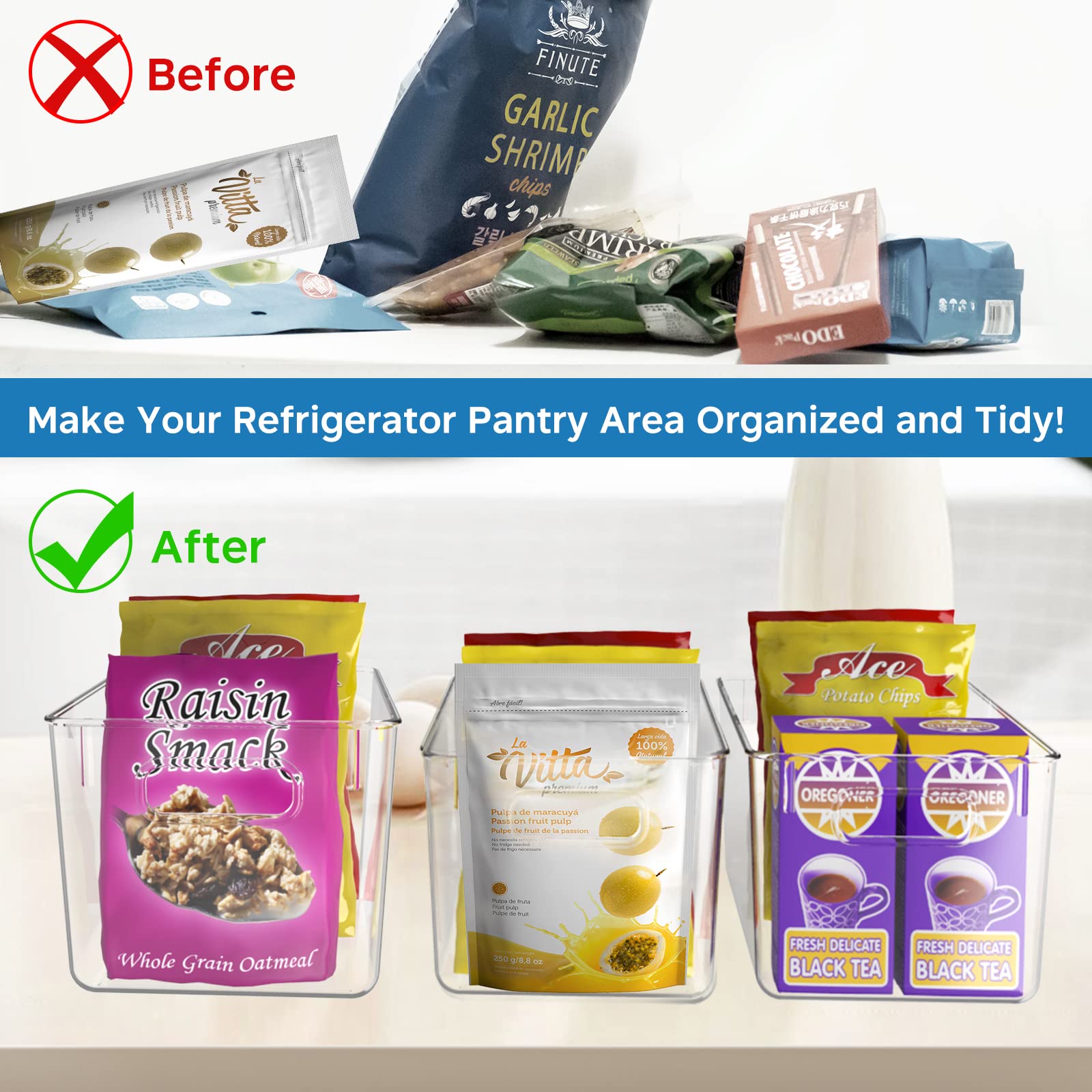 5-Pack Large Clear Plastic Storage Bins with Handles – 11x7.5x6 Inch Kitchen Pantry Organizers for Refrigerator, Cabinet & Countertop – Perfect for Food Storage, Spice Organization & Home Decluttering