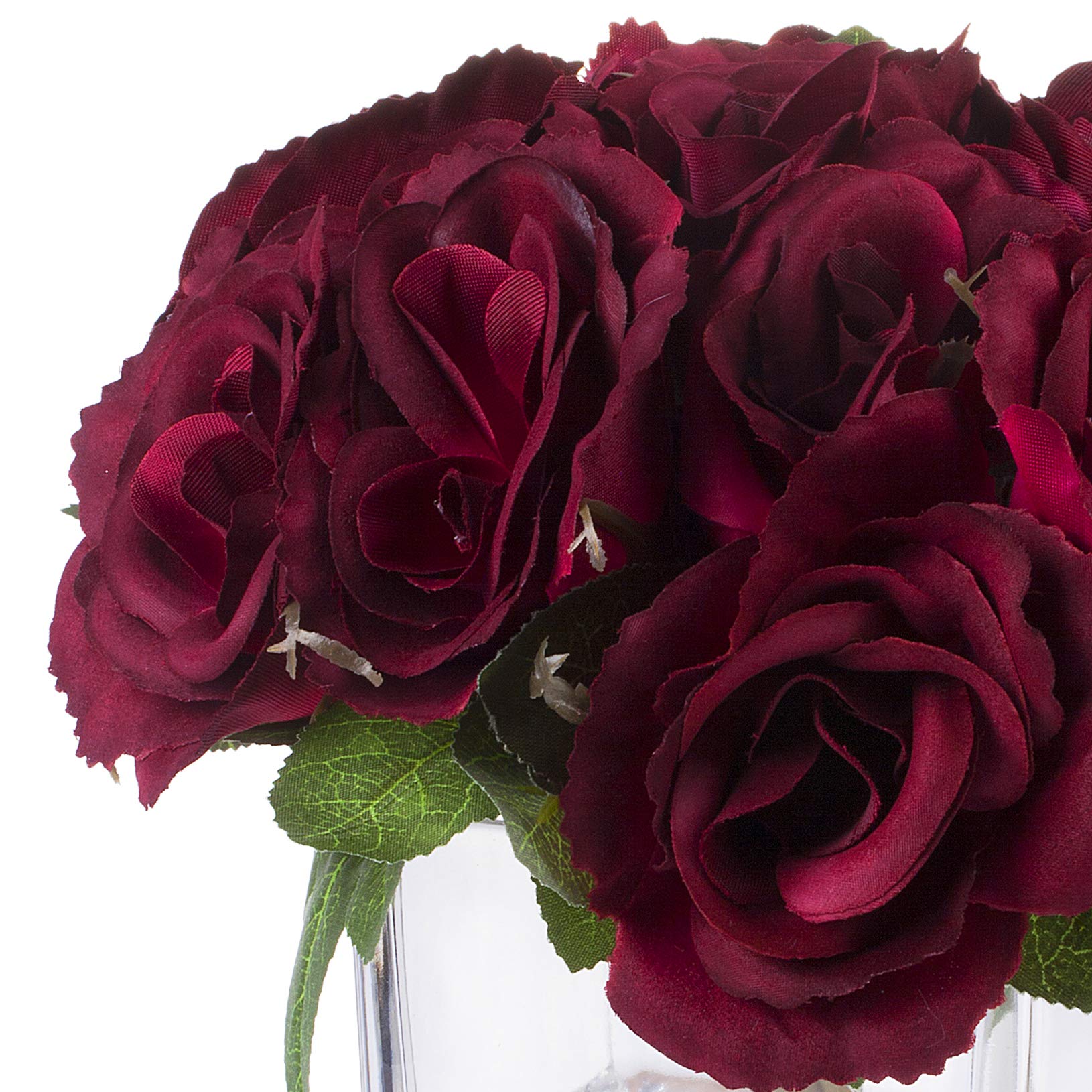 ENOVA HOME Burgundy Velvet Rose Flower Arrangement in Cube Glass Vase with Faux Water - Elegant Home & Office Decor for Tables, Desks, Shelves, and Wedding Centerpieces