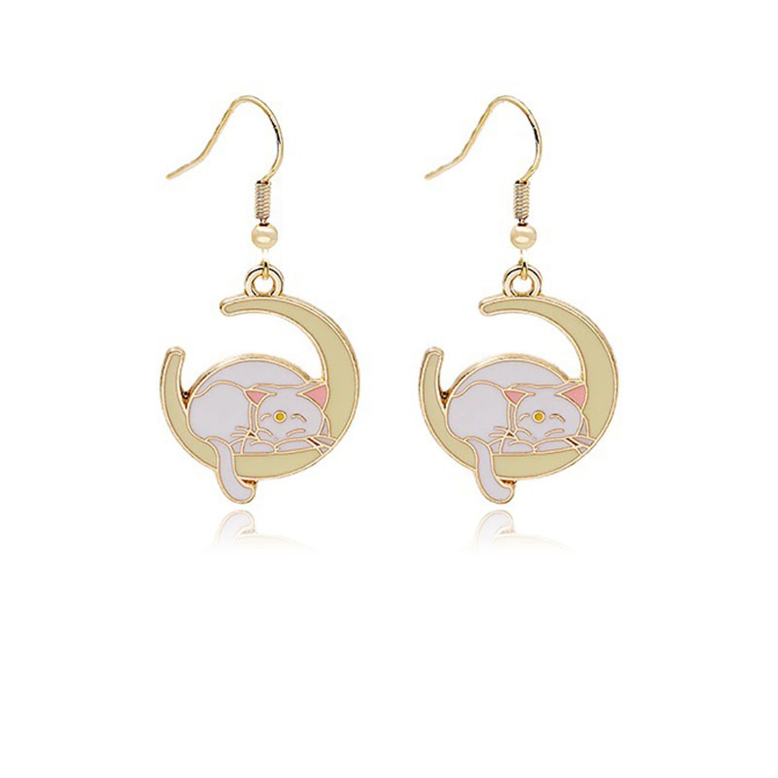 ONLYJUMP Cute Moon Cat Dangle Drop Earrings for Women Girls Teen - Lovely Cartoon Animal Kitten Jewelry - Christmas Gift, Birthday Present, Party Accessory - Perfect for Casual Wear, Date Night & Special Occasions