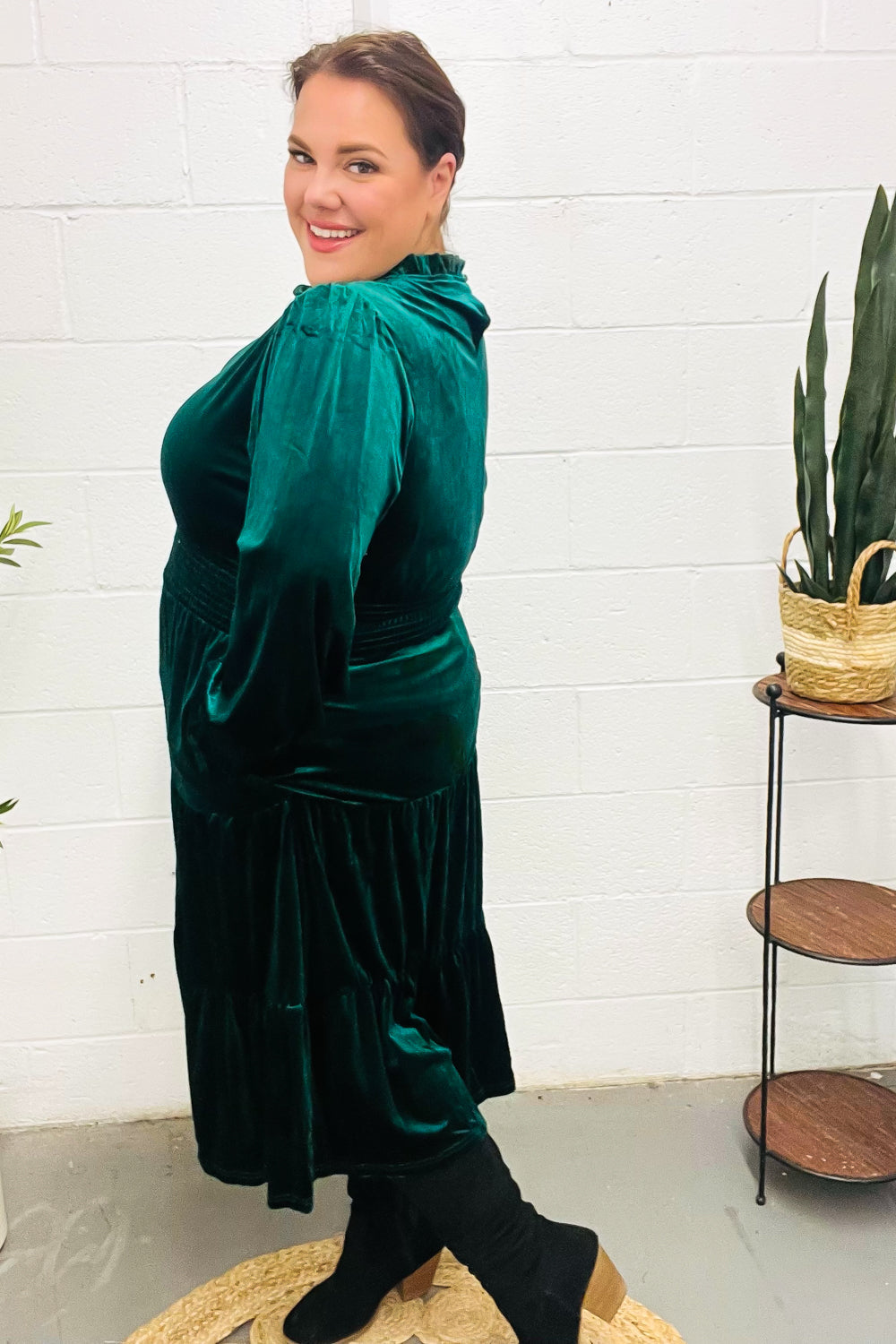 Holiday Dreaming Hunter Green Velvet Mock Neck Smocked Waist Dress for Women - Elegant Holiday Party & Christmas Dinner Outfit