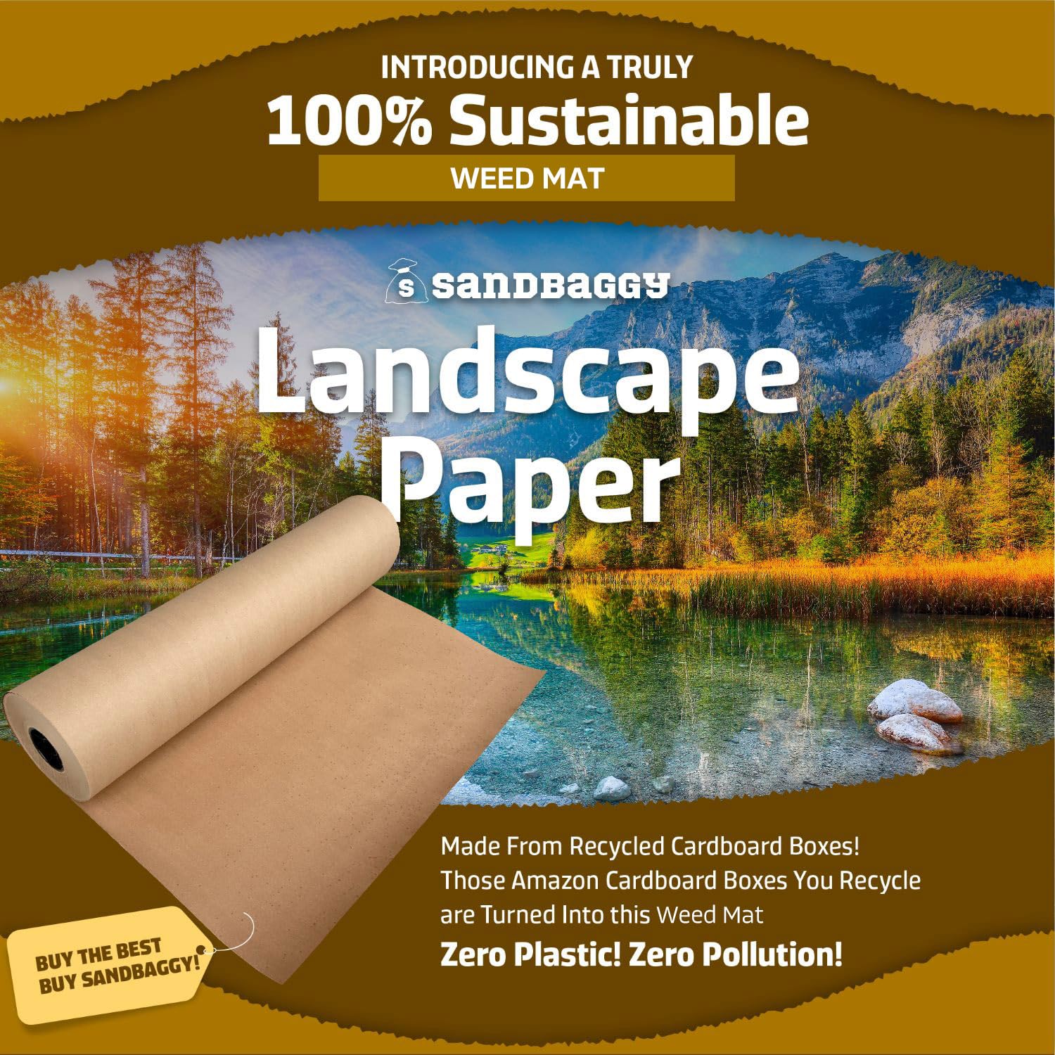 Sandbaggy Biodegradable Landscape Fabric - Eco-Friendly Weed Barrier for Gardens, 5 ft x 50 ft Paper Mulch Roll - Perfect for Vegetable Beds, Flower Gardens & Sustainable Landscaping