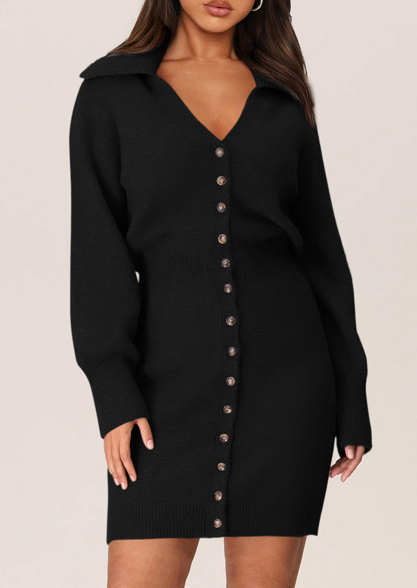 PRETTYGARDEN Women's Trendy 2025 Long Sleeve Button Down Sweater Dress - Spring Short Knit Dress for Casual Outings, Office Wear & Date Nights