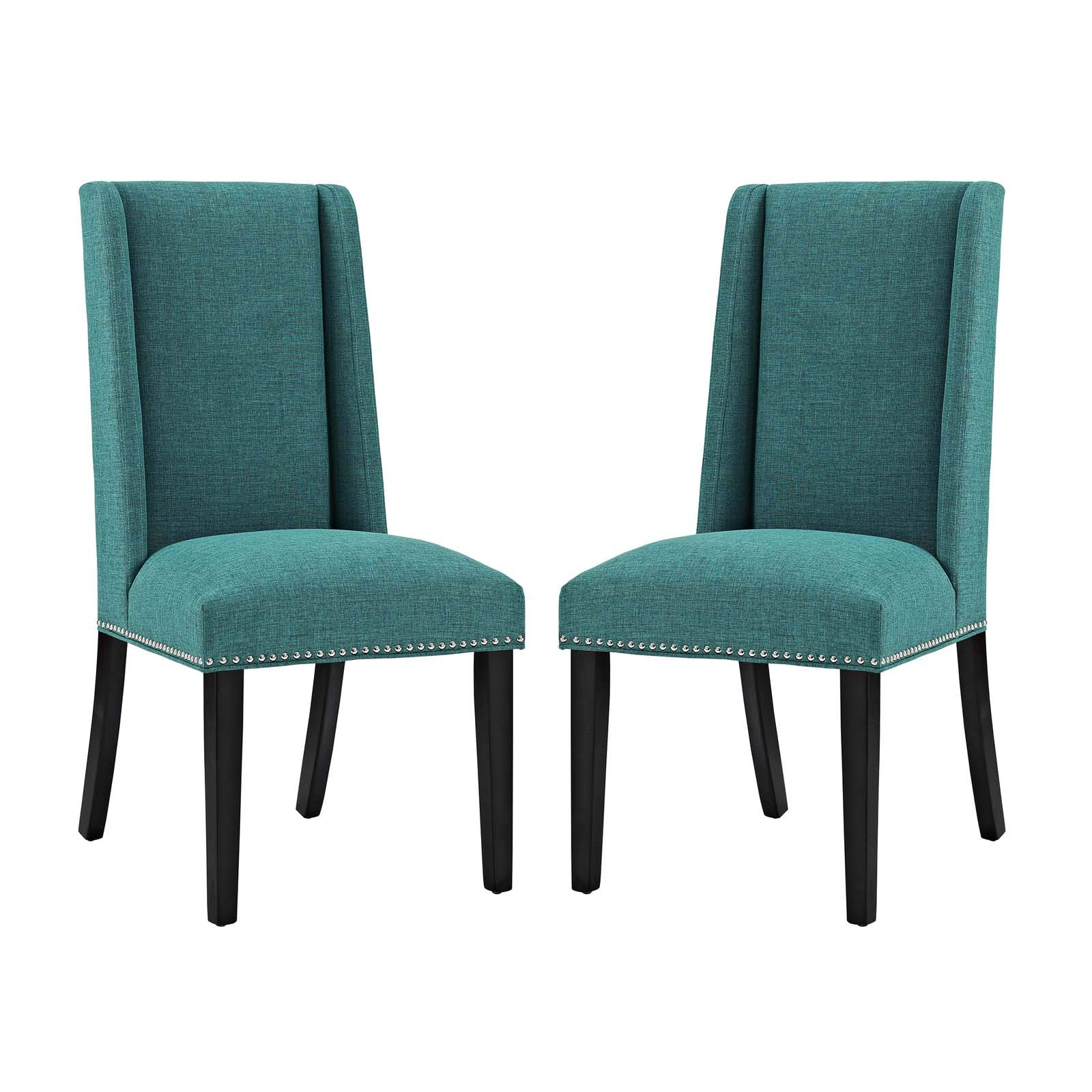 Modway Baron Modern Tall Back Wood Upholstered Fabric Dining Chairs Set of 2 in Teal - Elegant Contemporary Seating for Dining Room, Kitchen, or Office