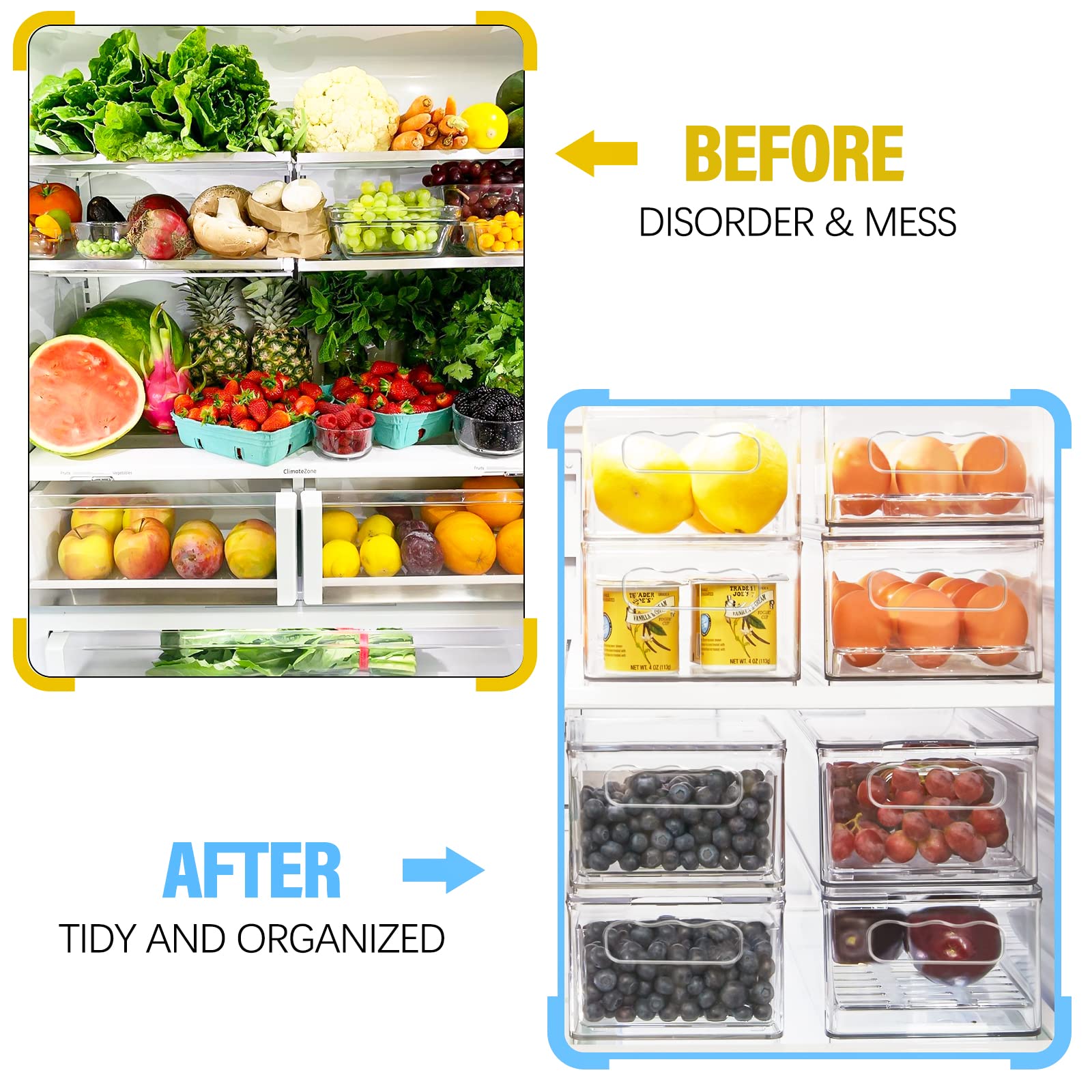 Changshengda Fridge Storage Organizers - 9 Pack (3 Sizes) for Refrigerator, Freezer, Pantry, Cabinet & Drawer | Space Saving Kitchen Organization for Food Storage & Meal Prep