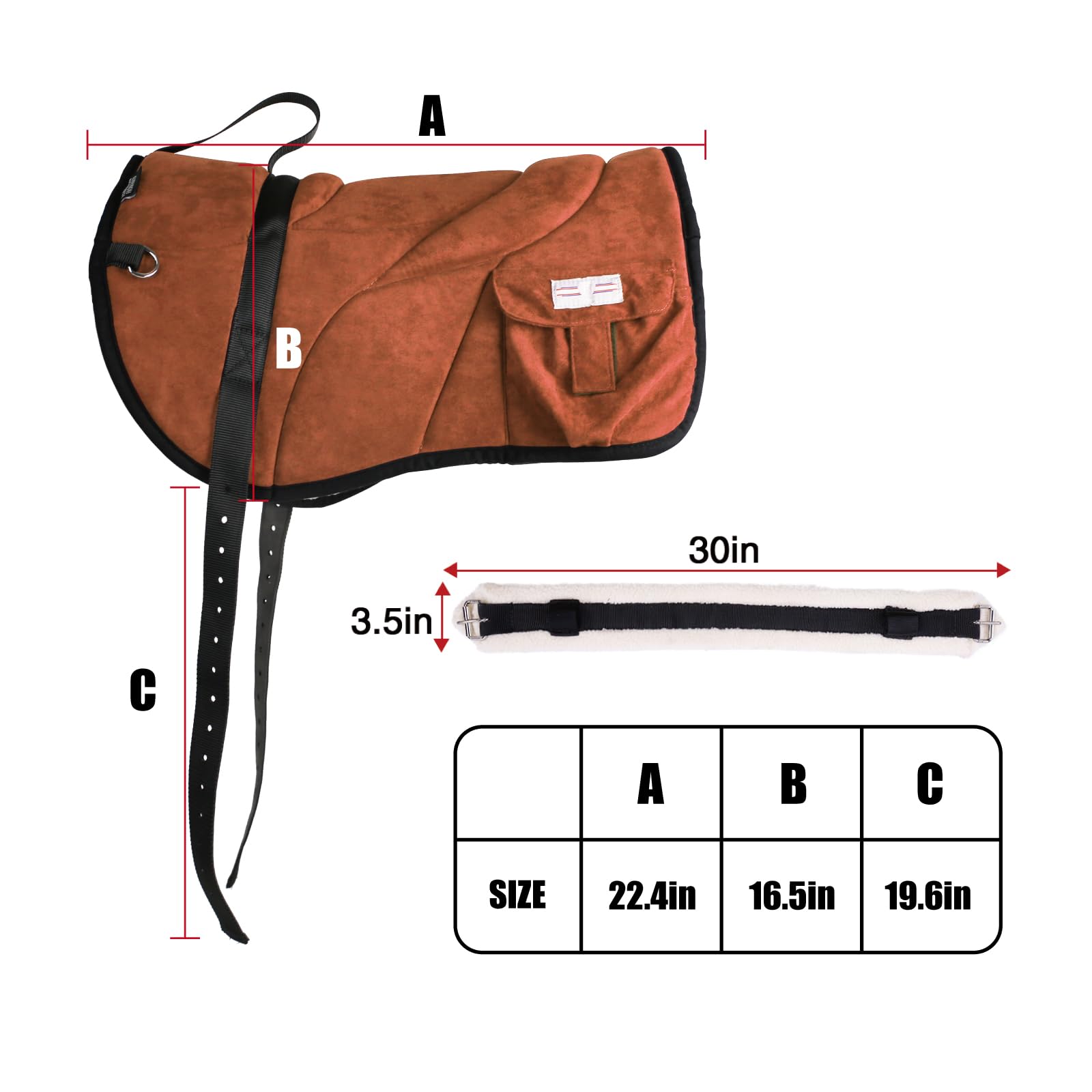Harrison Howard Anti-Slip Bareback Pad - Extra Thick Center for Maximum Support, Ergonomic Design with Side Pockets & Matching Girth - Perfect for Trail Riding, Horse Training and Comfortable Bareback Riding