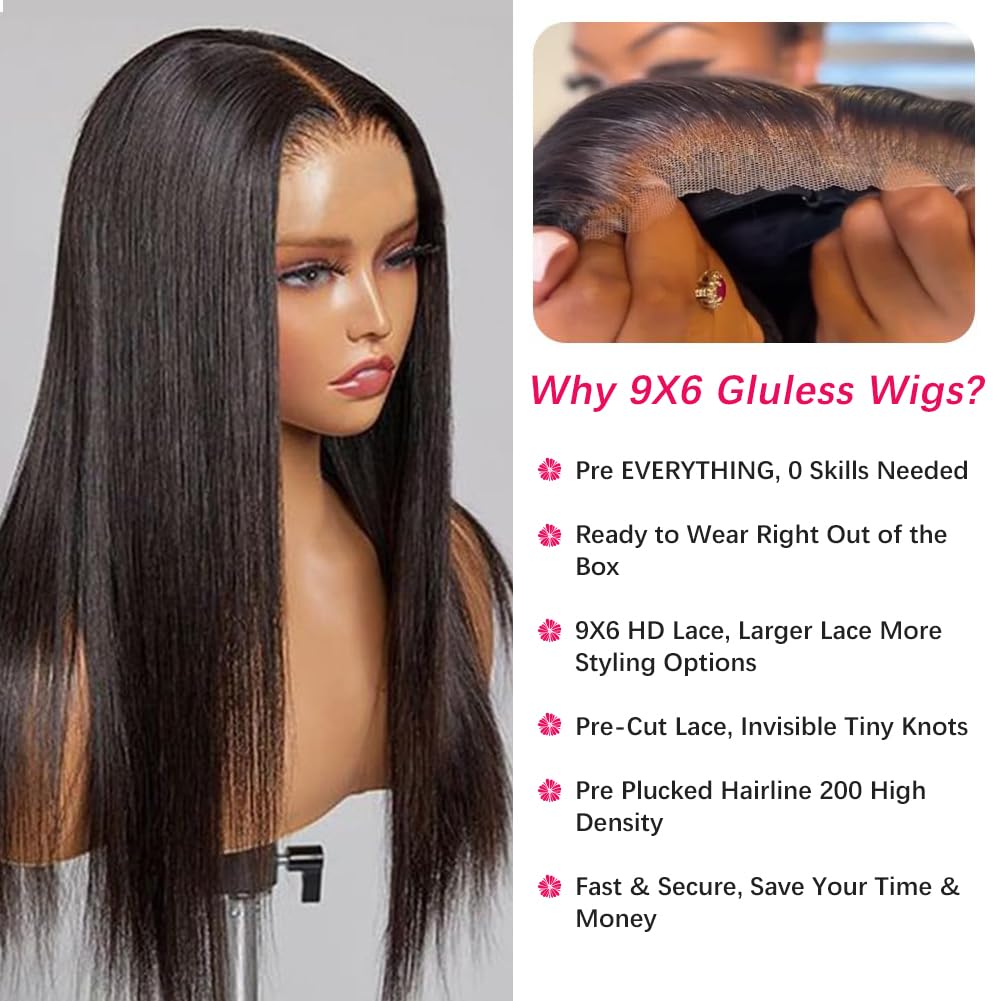 9x6 Glueless Wear and Go Human Hair Wig - Pre Plucked, Pre Cut Straight Lace Front with Bleached Knots | 200% Density Brazilian Virgin Hair | 22 Inch | Perfect for Daily Wear, Parties & Special Occasions