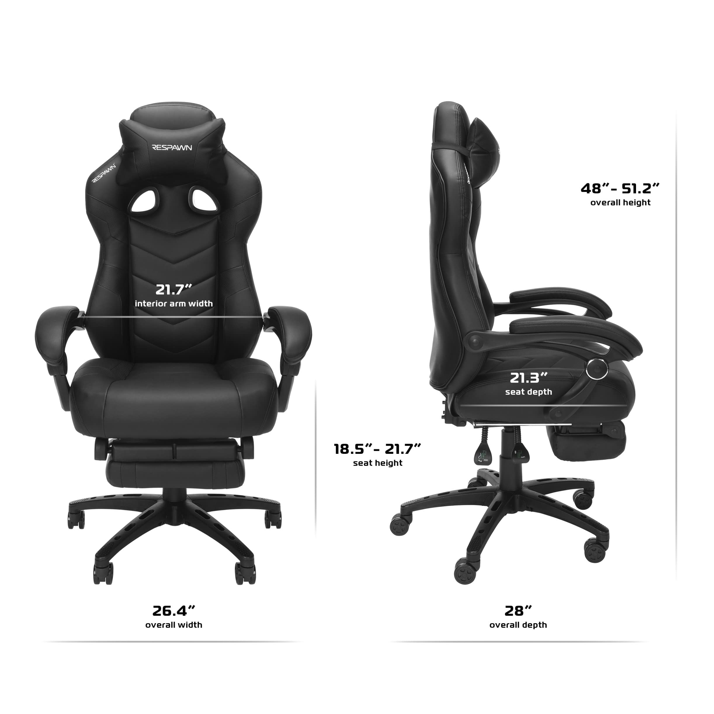 RESPAWN 110 Pro Ergonomic Gaming Chair with Adjustable Footrest & Headrest - Reclining Computer Desk Chair for Adults - Black - Perfect for PC Gaming, Office Work & Home Entertainment