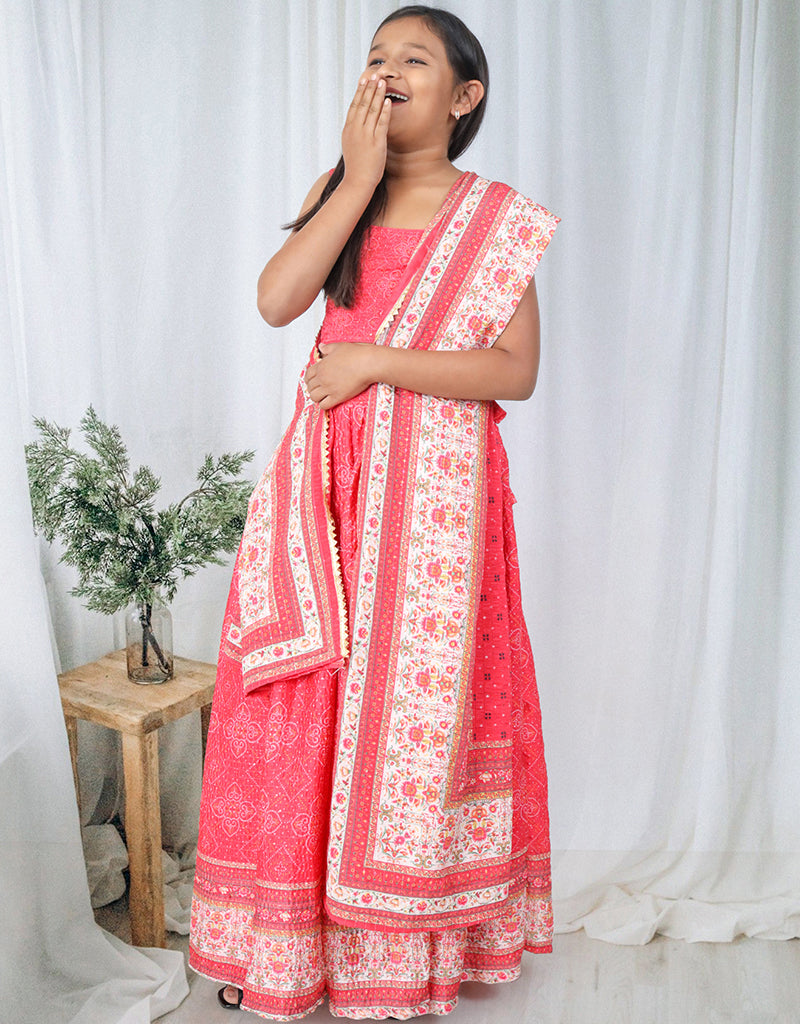 All-Season Designer Kids Lehenga Choli - Pink Chinon Sequins Crochet with Digital Print for Festivals, Weddings & Parties