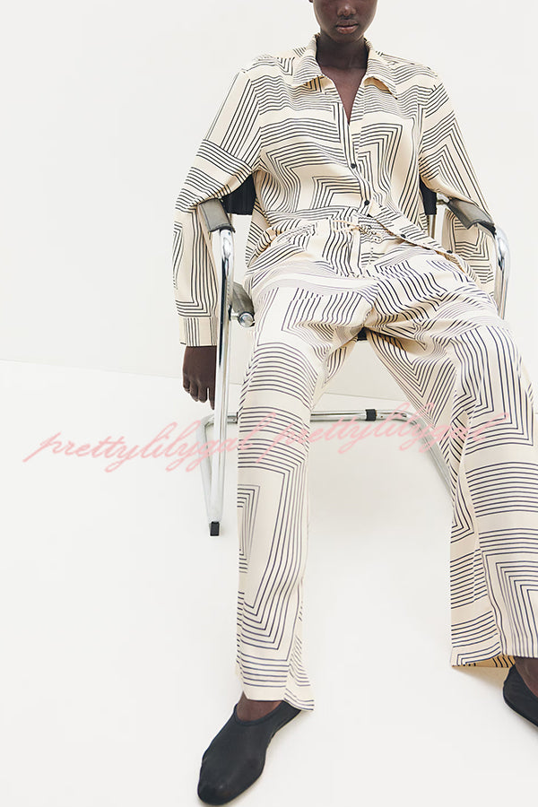 Stylish Printed Lapel Long Sleeve Blouse with Elastic Waist Casual Pants Set - Women's Loose Fit Wide Leg Trousers & Pocket Details for Office, Travel and Everyday Wear