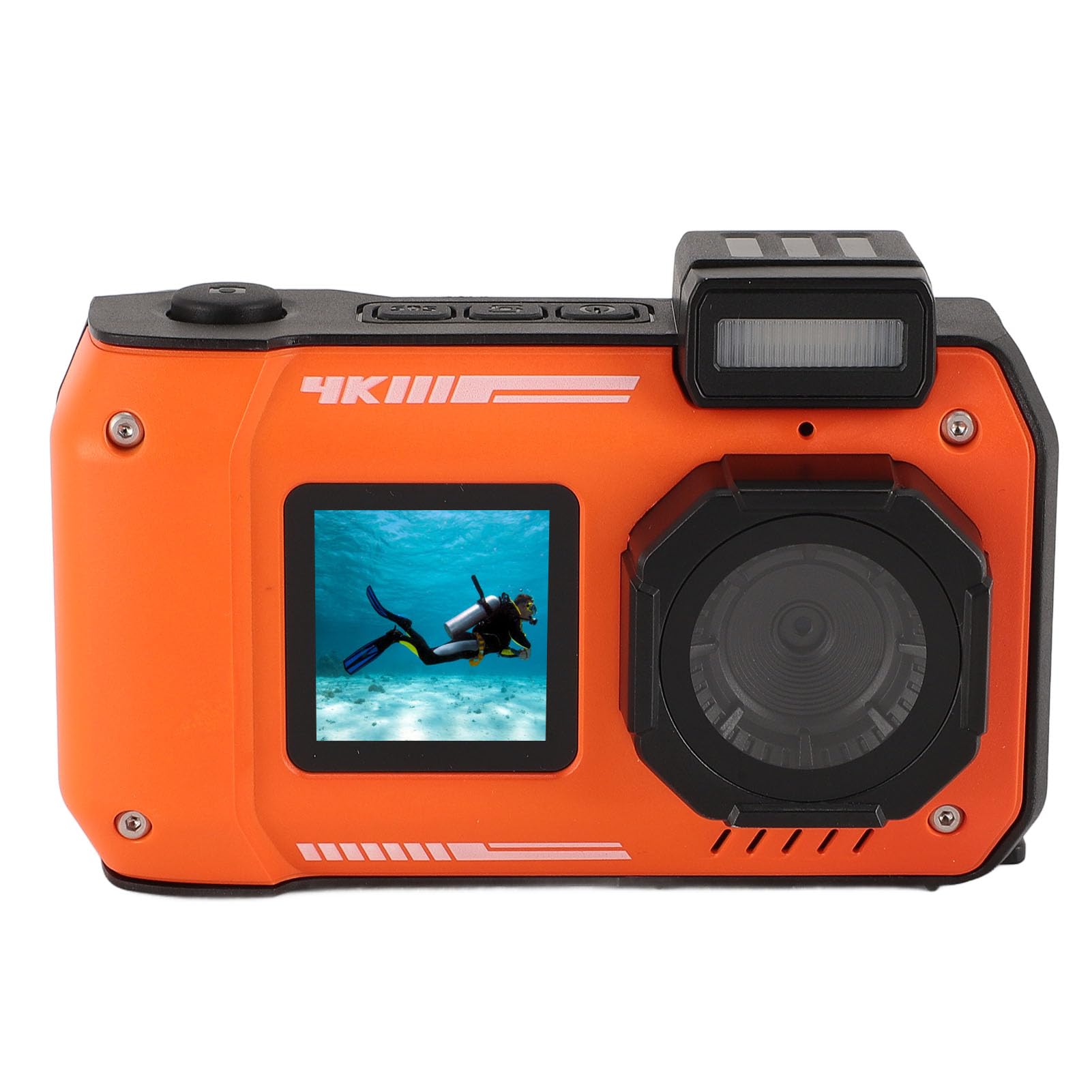 48MP 4K Waterproof Digital Camera with 16X Zoom, Autofocus & Anti-Shake | 2500mAh Battery & Dual Screens for Perfect Selfies | Ideal for Outdoor Sports, Snorkeling, Beach Trips & Underwater Photography (Orange)