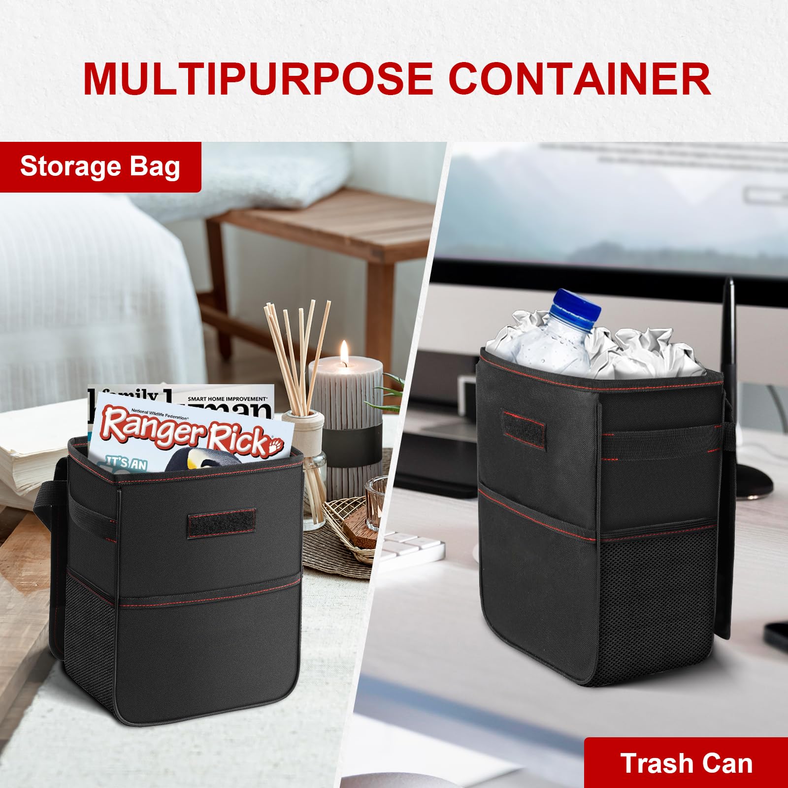 Simple Deluxe 2 Gallon Car Trash Can with Lid - Leak-Proof, Waterproof & Collapsible Car Garbage Bin with Storage Pockets & Adjustable Straps - Portable Vehicle Trash Bag for Road Trips, Camping & Daily Commute - Black