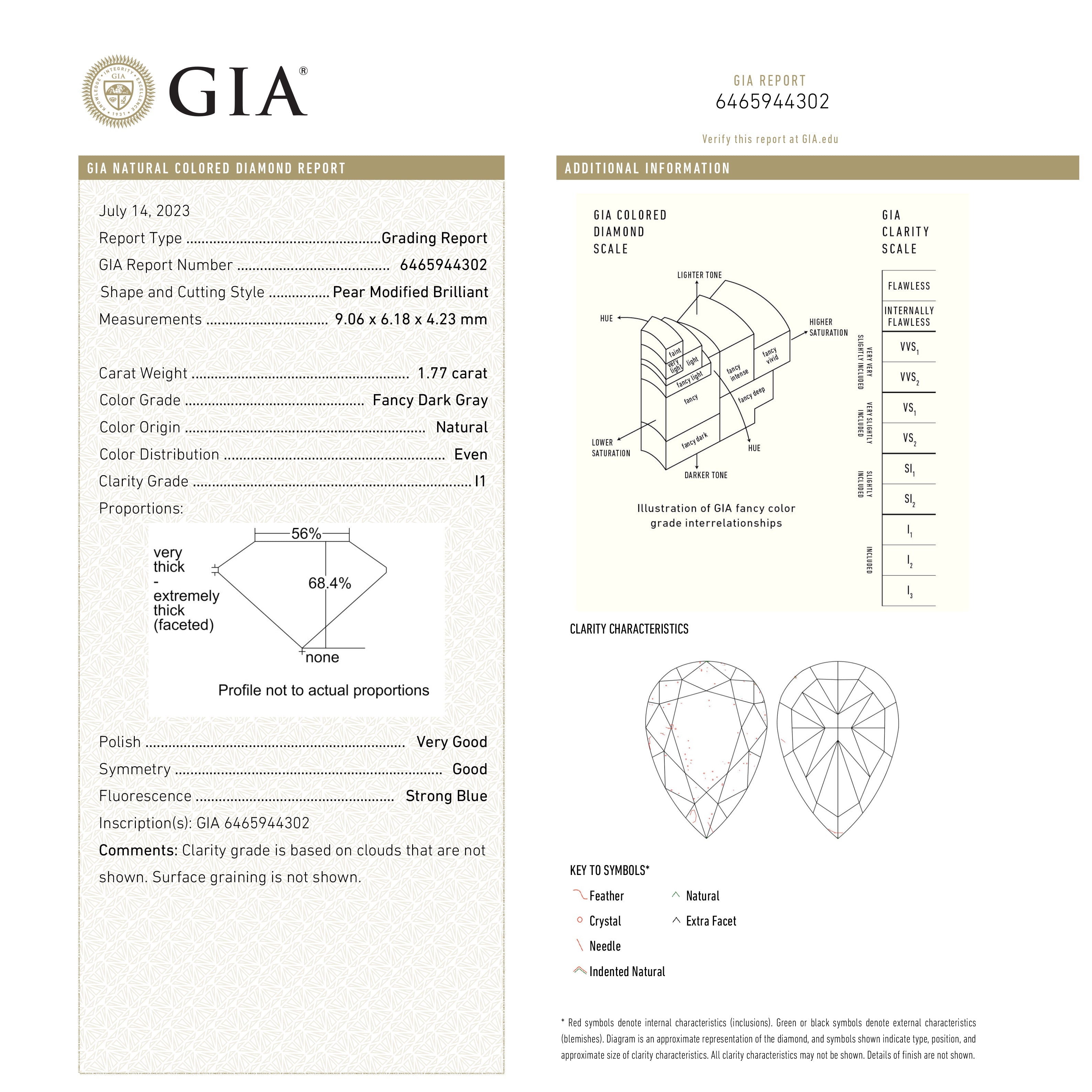1.77ct GIA Certified Fancy Grey Pear Brilliant Cut Diamond - 9.06x6.18x4.23mm (I1 Clarity) - Engagement Ring Center Stone & Fine Jewelry Collection