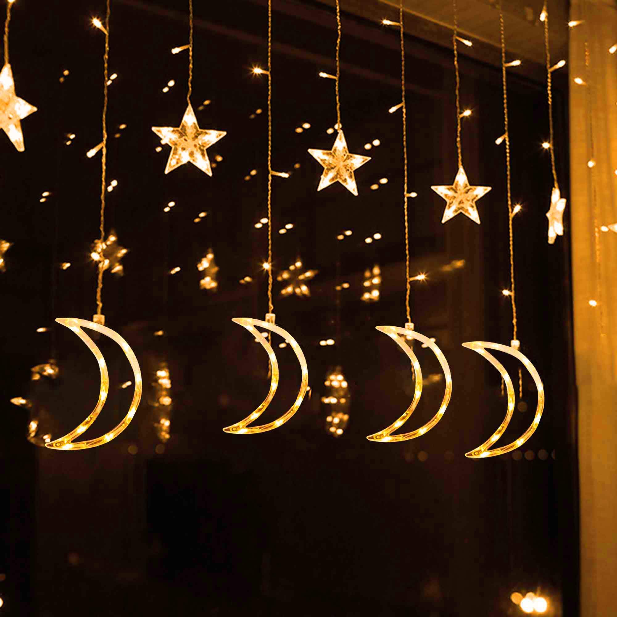 FUNPENY 138 LED Star Moon Curtain String Lights with Remote Control - 8 Modes Warm White Fairy Lights for Bedroom, Wedding, Party Decor - Perfect for Indoor, Patio, Lawn & Ramadan Decoration