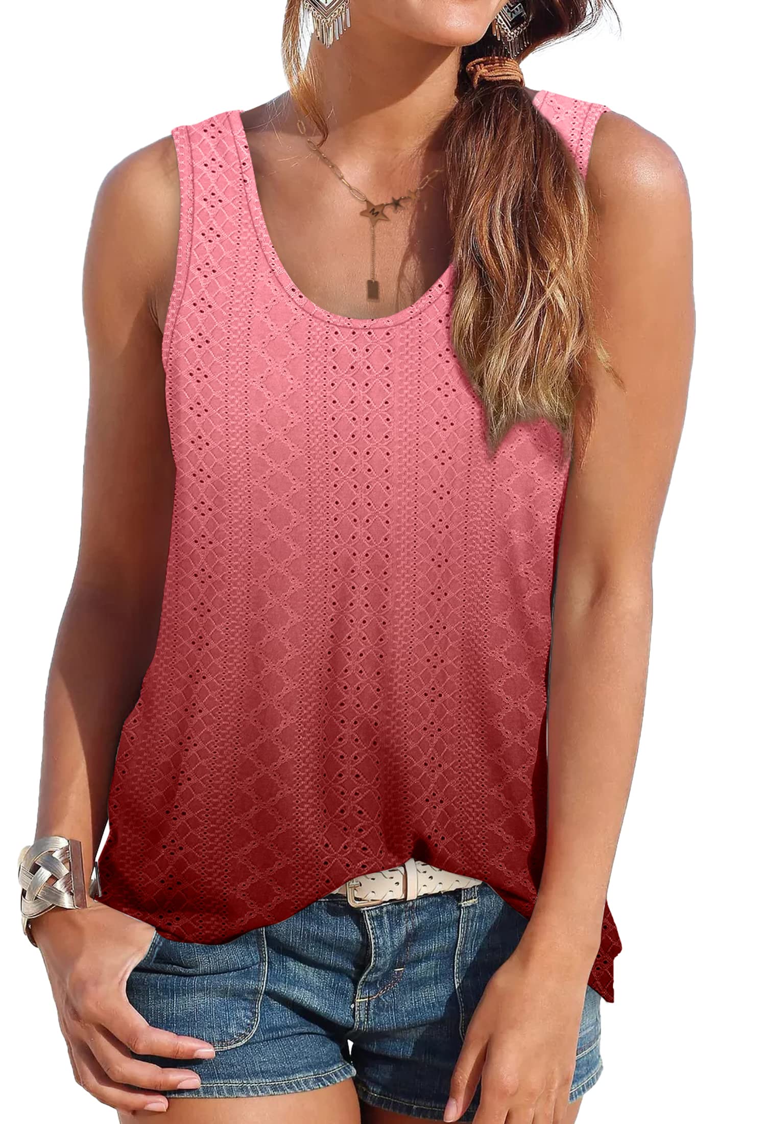 Women's Eyelet Tank Tops - Summer Loose Fit Breathable Lightweight Sleeveless Shirts for Casual Wear, Beach, Vacation & Outdoor Activities