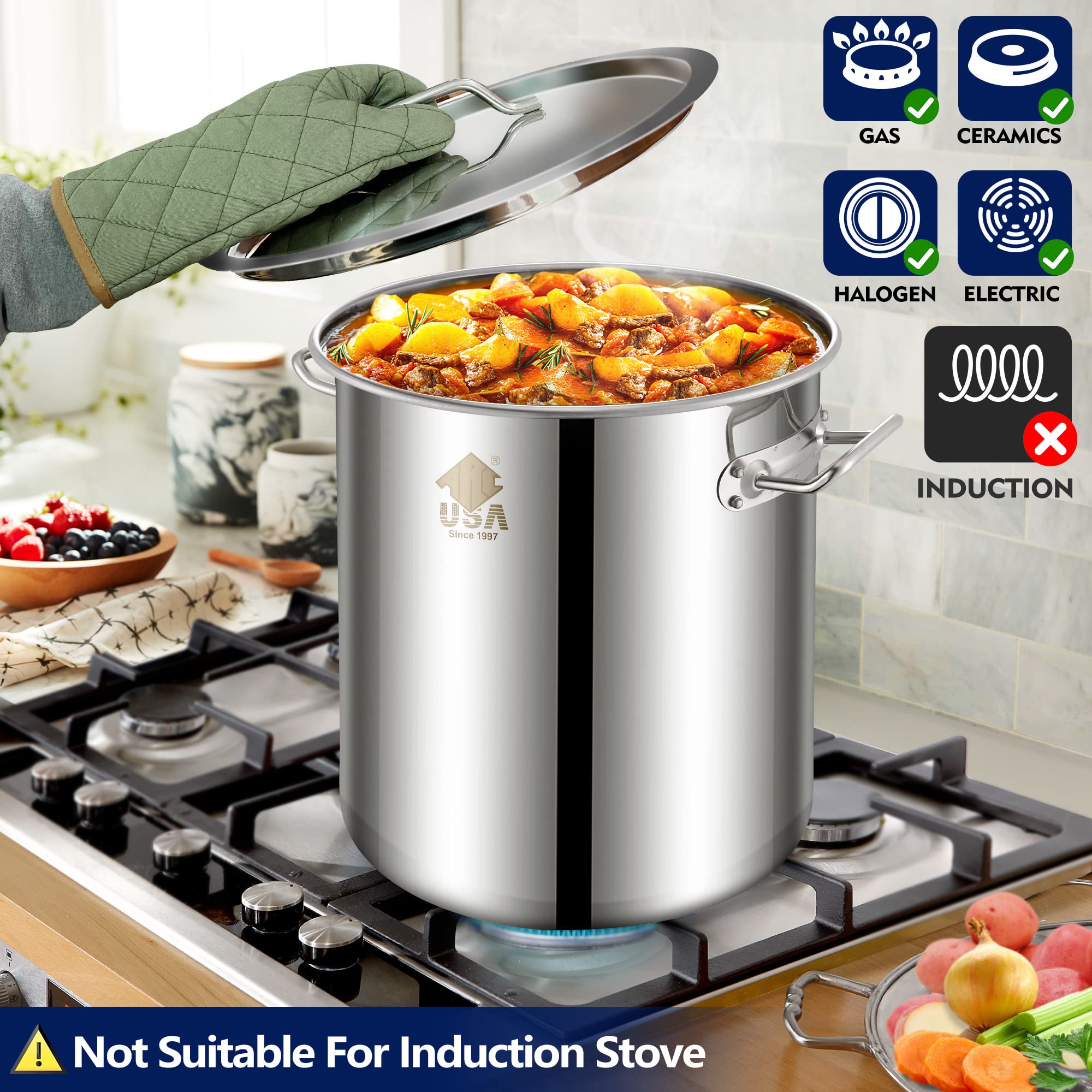 ARC Advanced Royal Champion 40QT Stainless Steel Stockpot with Basket Divider & Hook - Perfect for Seafood Boil, Crab Crawfish Cooking, Turkey Frying, Lobster Shrimp Boiling, Home Brewing & Outdoor Camping