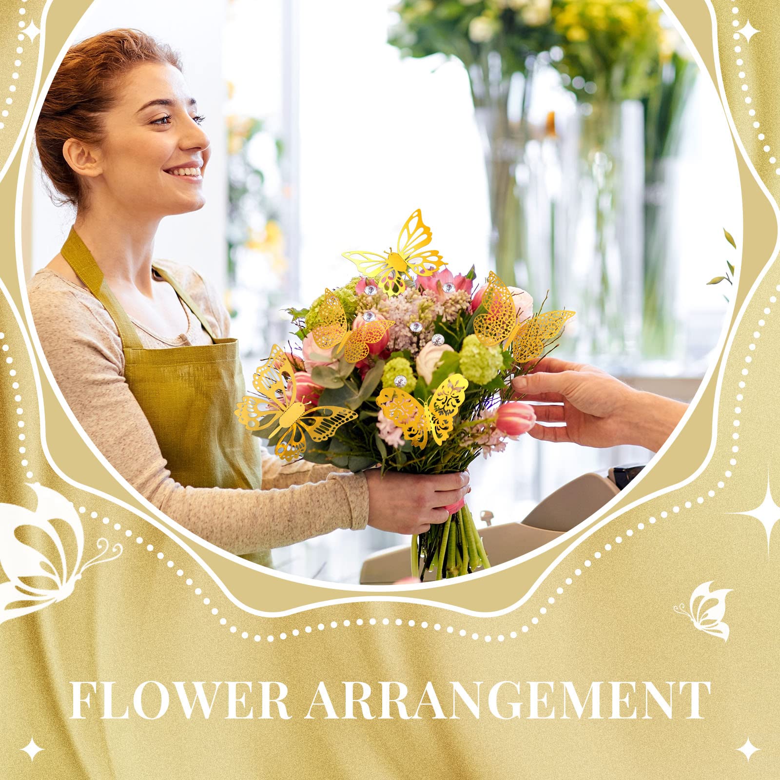 Estune 202-Piece Floral Bouquet Accessory Kit - 6 Mini Gold Crowns, 96 3D Gold Butterflies & 100 Diamond Flower Pins for Wedding, Birthday Party & Cake Decorations | DIY Floral Arrangement Supplies for Centerpieces, Gift Wrapping & Craft Projects