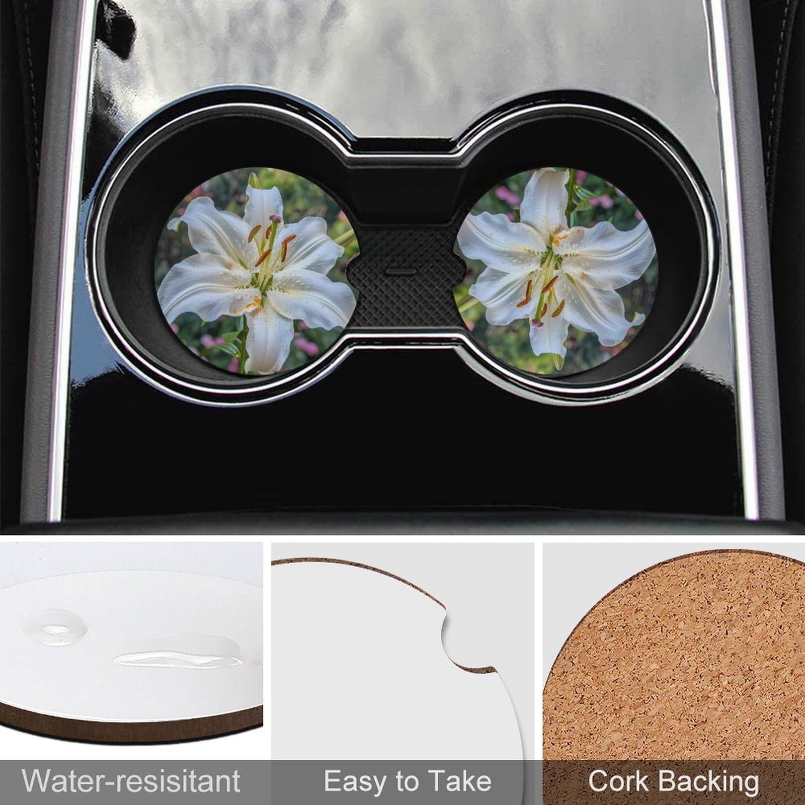 White Lily Flower Car Coasters for Cup Holders - 4 Pack Cork Drink Coasters with Non-Slip Base, Car Accessories for Coffee, Tea & Beverages - Perfect for Cars, Trucks & SUVs