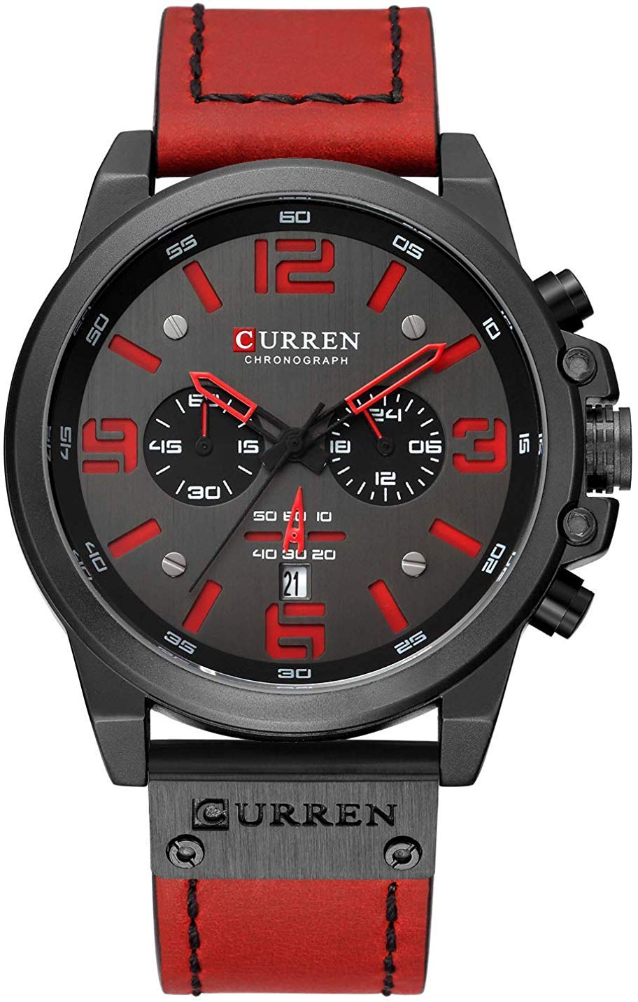 Gosasa Men's Big Face Sports Watch - Red Leather Strap, Waterproof Analog Quartz Watch for Casual & Active Lifestyles | Perfect for Running, Gym, and Outdoor Activities