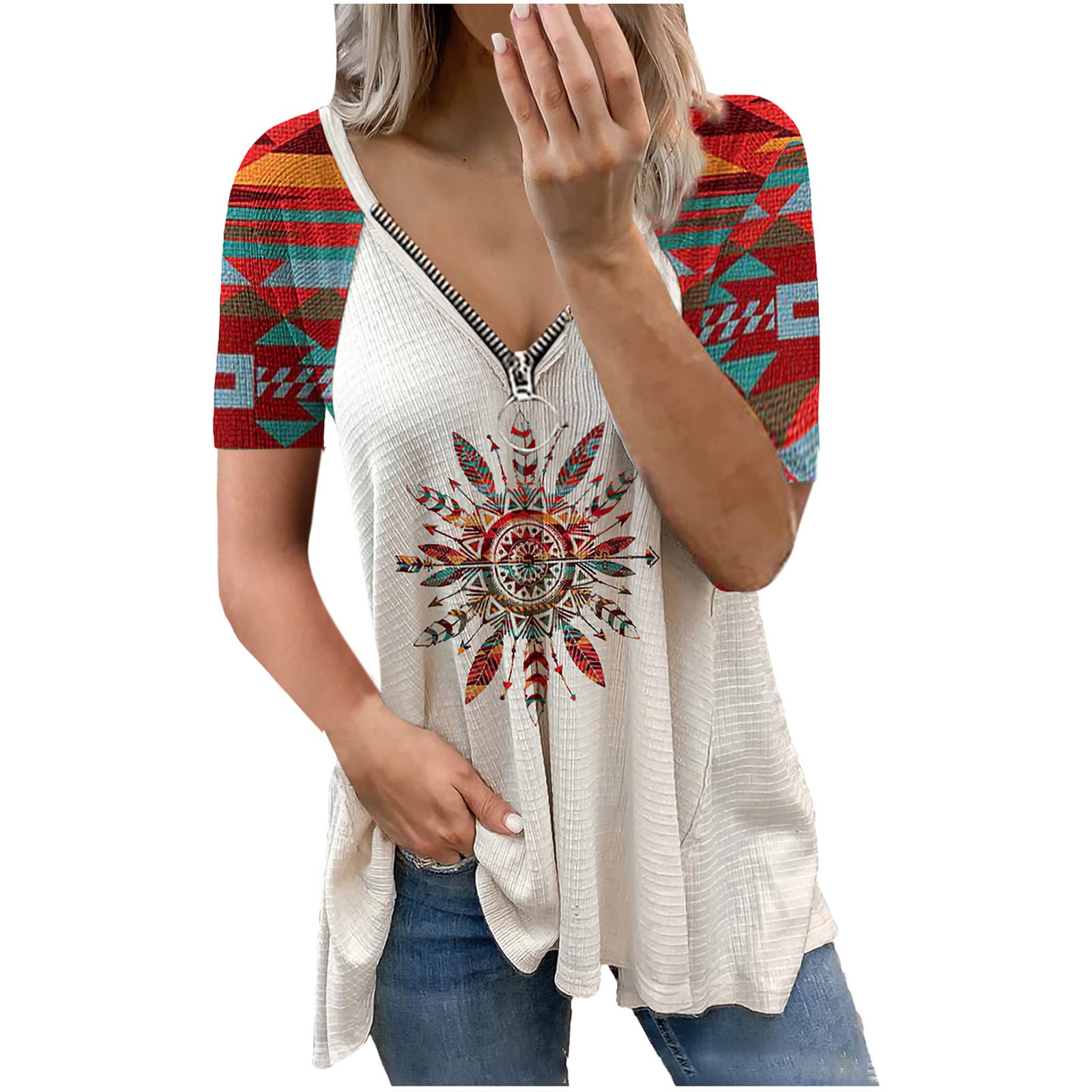 Women's Western Aztec Print Shirts - Vintage Ethnic Style Waffle Tee Tops - Casual Loose Long Sleeve Tunic Blouse for Boho Fashion & Festival Outfits
