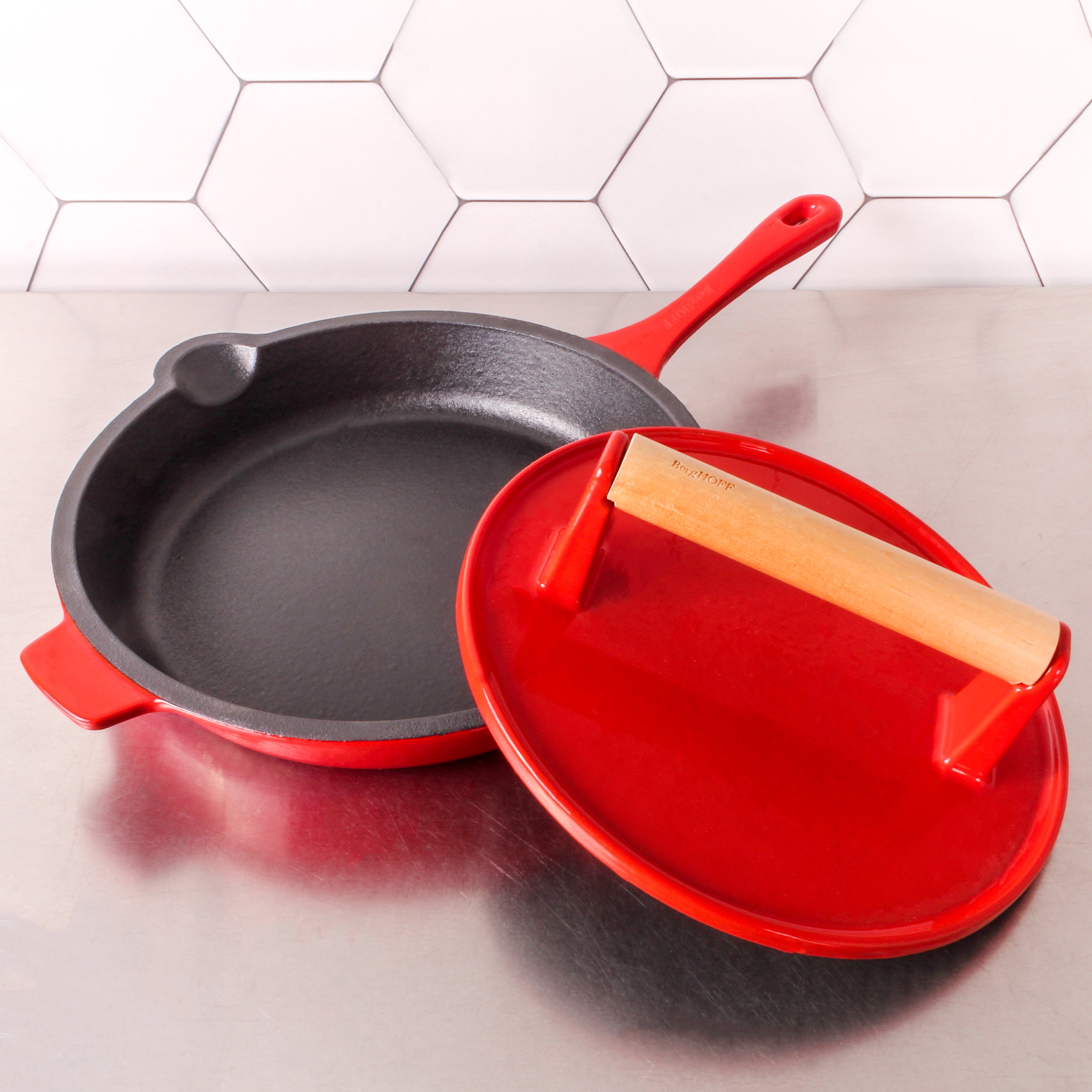 BergHOFF Neo 2-Piece Cast Iron 10-Inch Fry Pan Set with Steak Press, Red - Perfect for Grilling, Searing Steaks & Cooking Breakfast - Ideal for Home Chefs & Outdoor Cooking