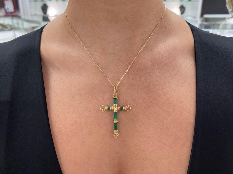 7.69tcw 18K Gold Colombian Emerald Cross Pendant - Genuine Rough Crystal Jewelry for Women - Perfect for Gifts, Weddings & Special Occasions