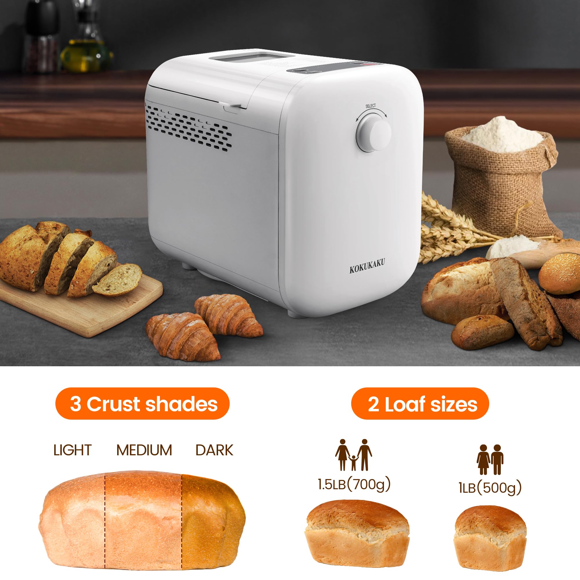 22-in-1 Automatic Bread Maker Machine - 1LB/1.5LB Programmable Digital Bakery with Dough, Cake, Jam & Yogurt Functions | 3 Crust Colors, Non-Stick Pan | Perfect for Small Kitchens, Homemade Bread & Healthy Breakfasts