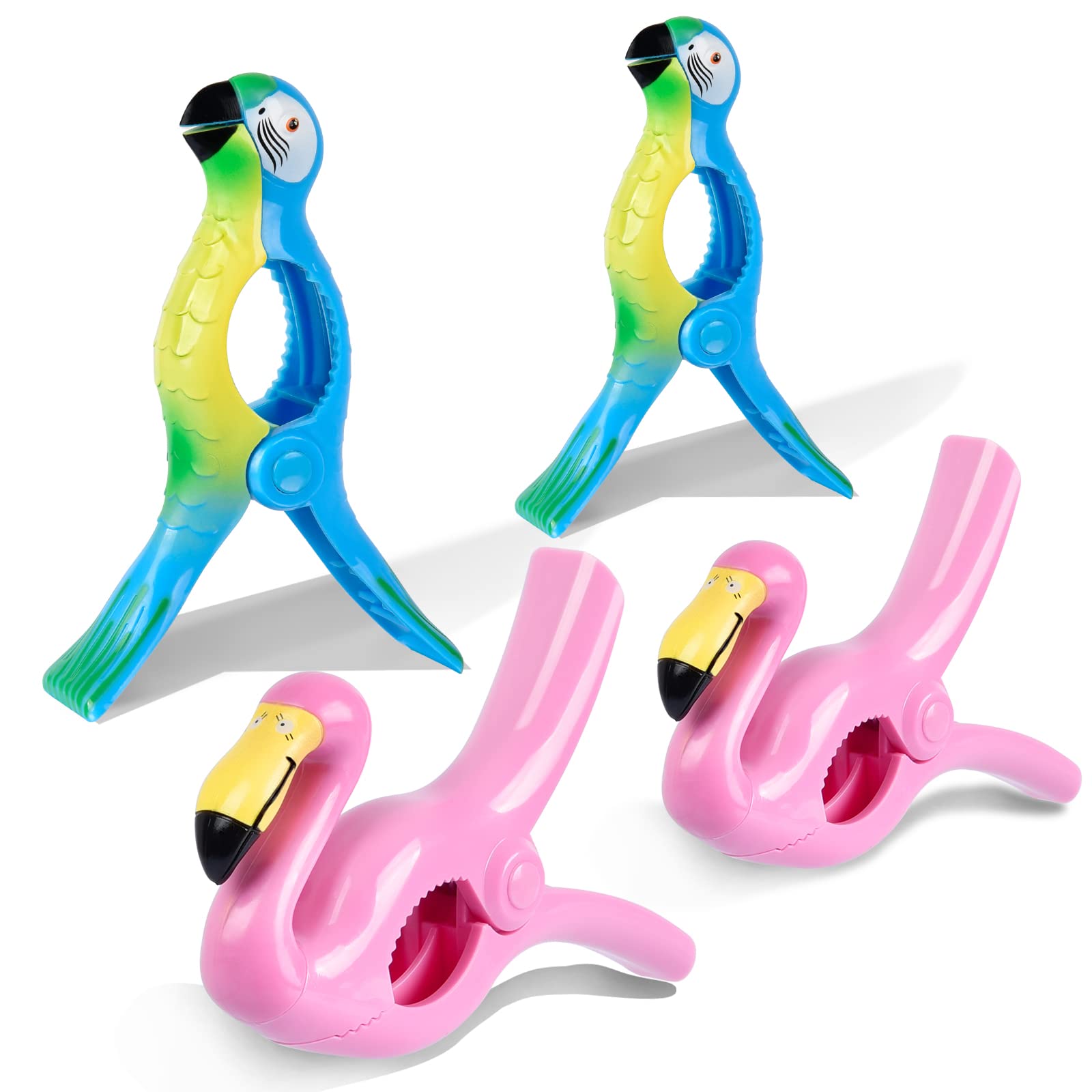 Sopito Jumbo Size Beach Towel Clips - Set of 4 Flamingo Parrot Design - Secure Hang Seal for Beach Chairs, Cruise, Pool, Patio & Daily Use - Perfect for Sunbathing, Travel & Outdoor Relaxation