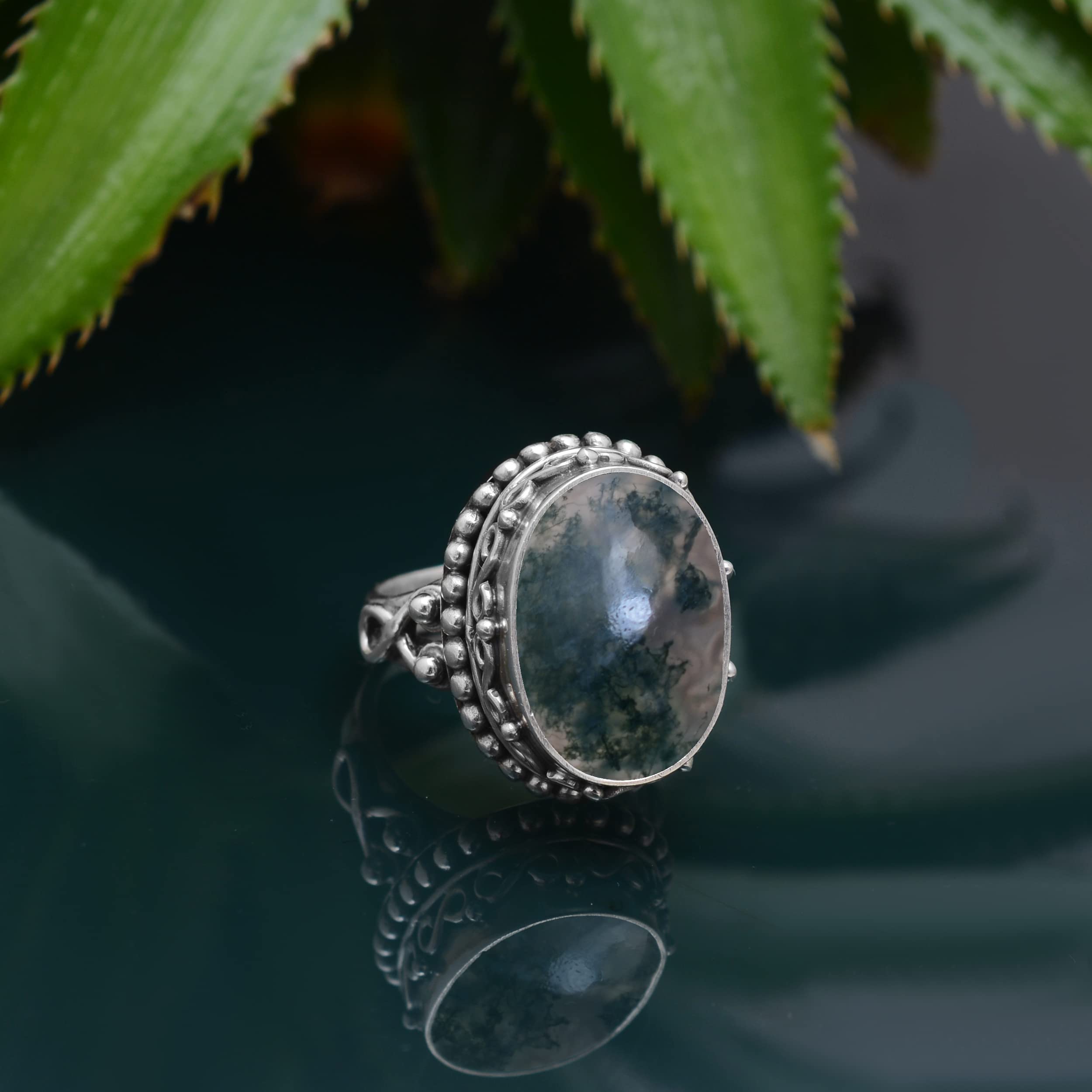Veracity Jewelry Moss Agate Rings for Women - 925 Sterling Silver Healing Meditation Rings with Natural Green Gray Moss Agate Gemstone - VSR-328 | Spiritual Jewelry, Yoga Accessories, Mindful Gift for Her