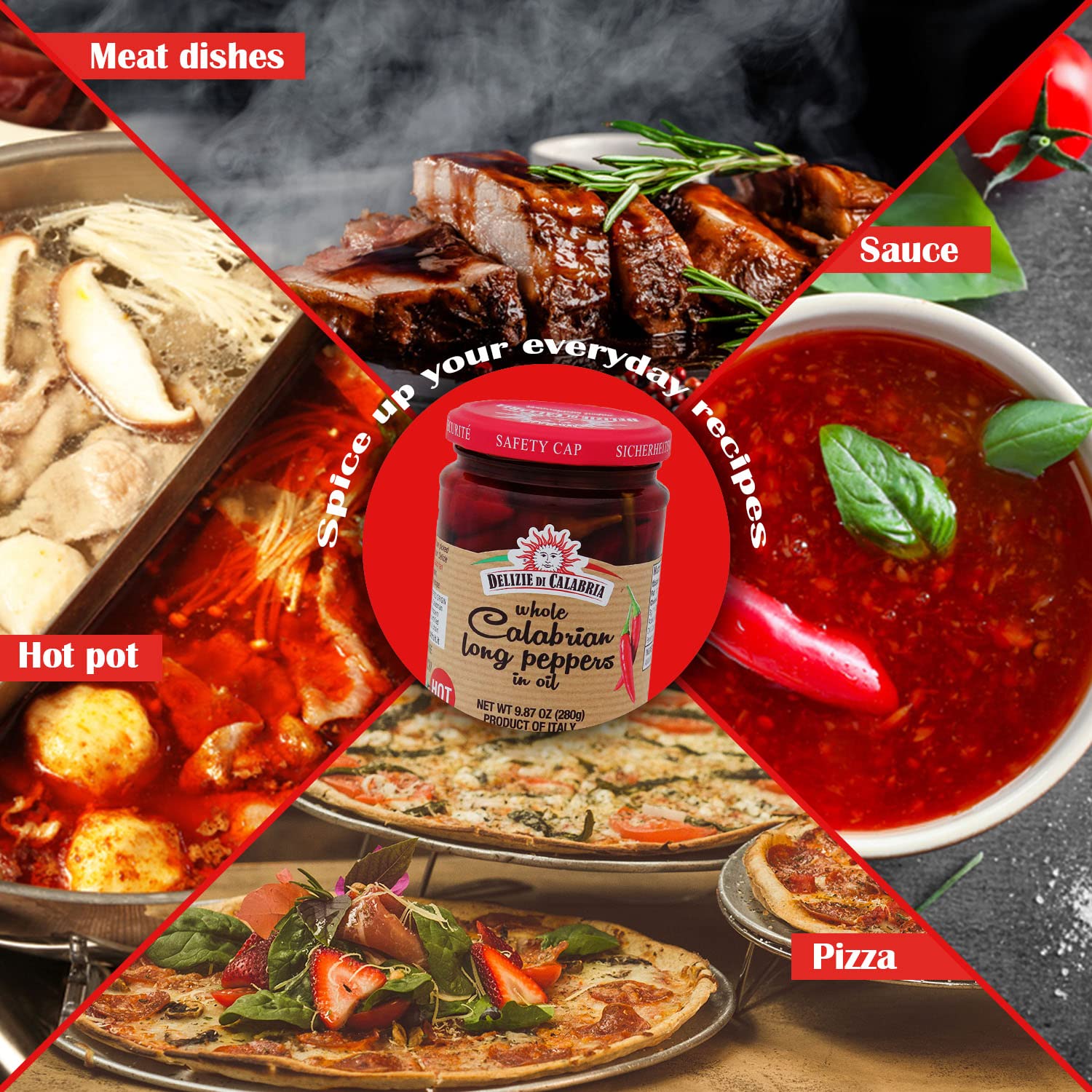 Delizie Di Calabria Whole Calabrian Long Peppers in Oil - Authentic Italian Hot Chili Peppers in White Wine Vinegar & Sunflower Oil - Gourmet Seasoning for Pizza, Pasta, Salads & Sandwiches - Perfect for Italian Recipes, Meal Prep & Charcuterie Boards (9.87 oz)