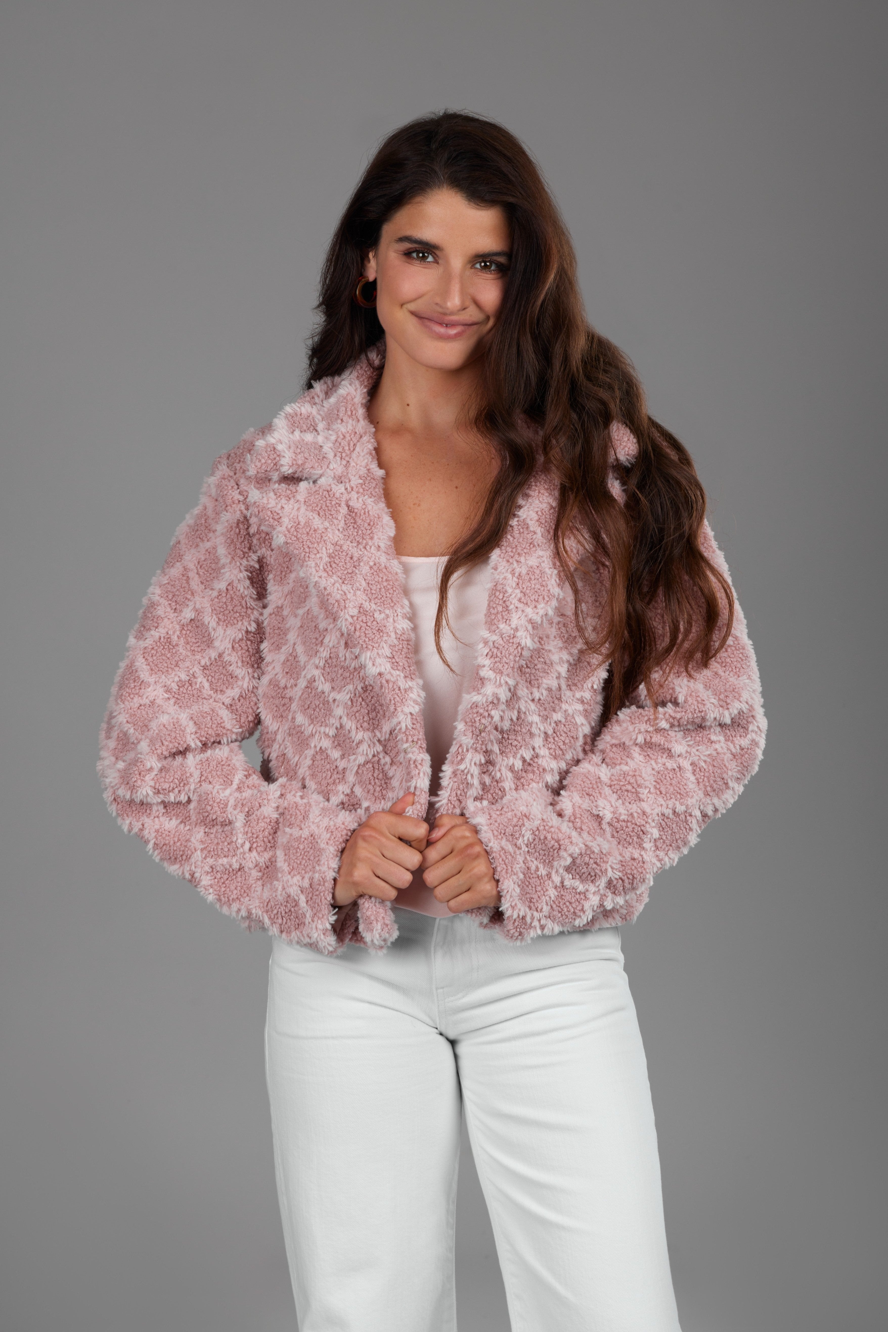 Diamond Patterned Collared Short Jacket for Women - Stylish Cropped Jacket with Stand Collar - Perfect for Casual Outings, Date Nights & Spring Layering