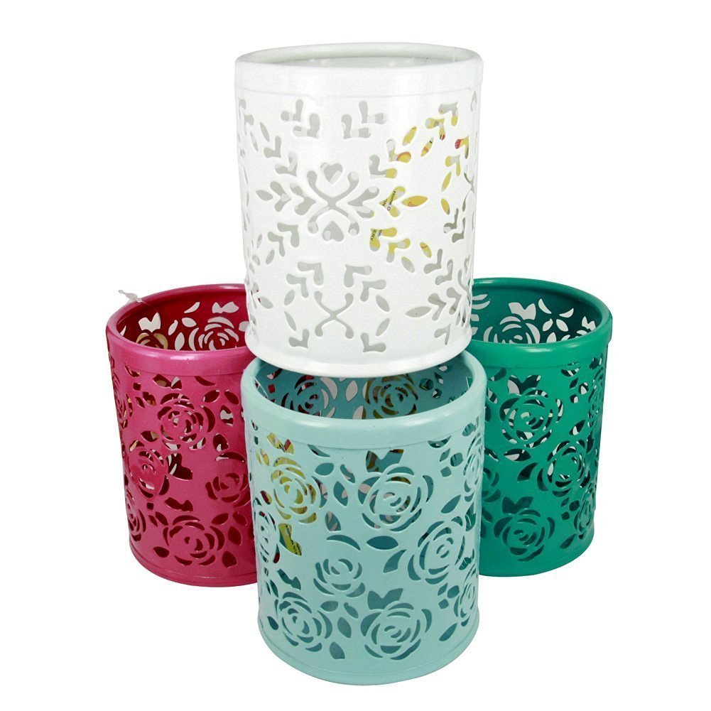 Kubert® 4-Piece Mixed Color Round Hollow Rose Flower Metal Pen & Pencil Holder Set - Desktop Organizer for Stationery, Business Cards, Mobile Phones & Remote Controls (Red, Blue, Green, White) - Perfect for Office, Home Desk & School Organization