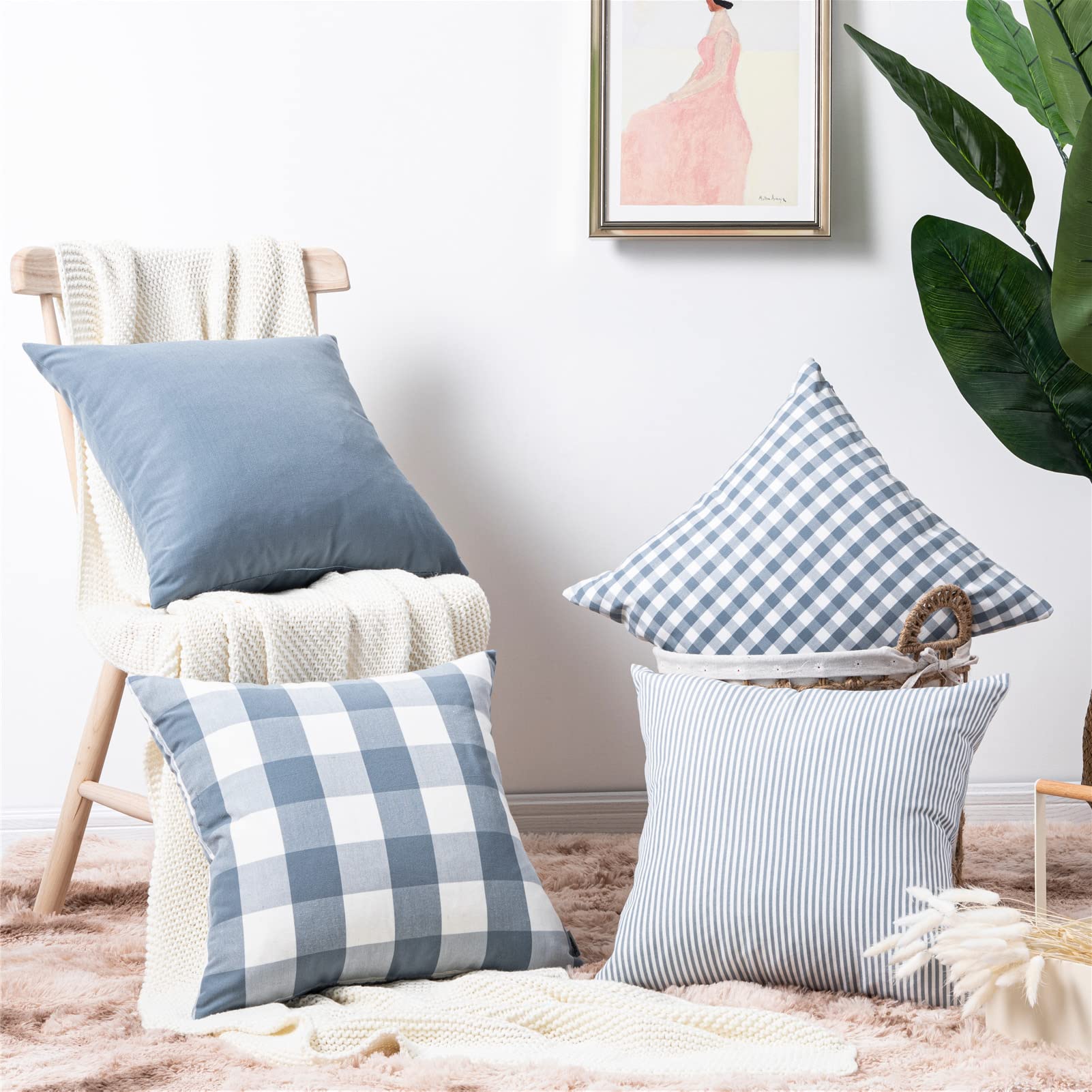 Topfinel Farmhouse Decorative Throw Pillow Covers 16x16 Inch Set of 4 - Buffalo Check Plaid Spring Blue & Grey Blue Canvas Cushion Cases for Sofa, Bed, Living Room & Home Decor - Perfect for Farmhouse, Rustic & Cozy Interior Design Styles