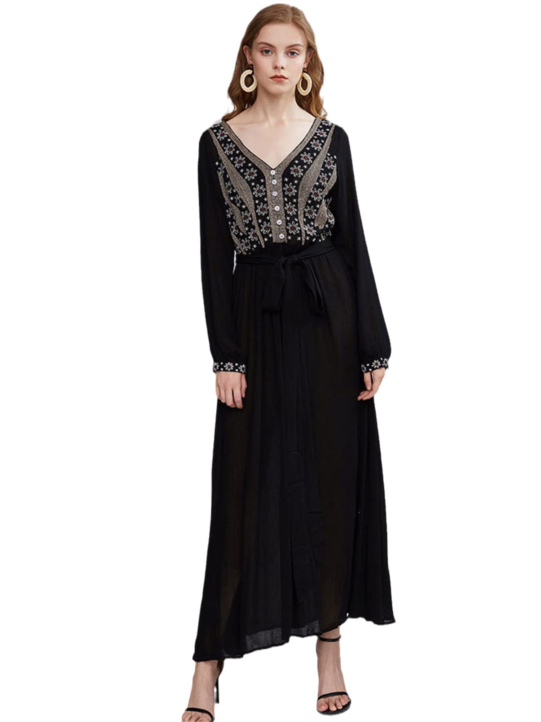 Boho Summer Beach Dress - Nepal Travel Vacation Long Dress with Retro Ethnic Embroidery & V-Neck | Perfect for Beach Holidays, Festivals and Boho Fashion