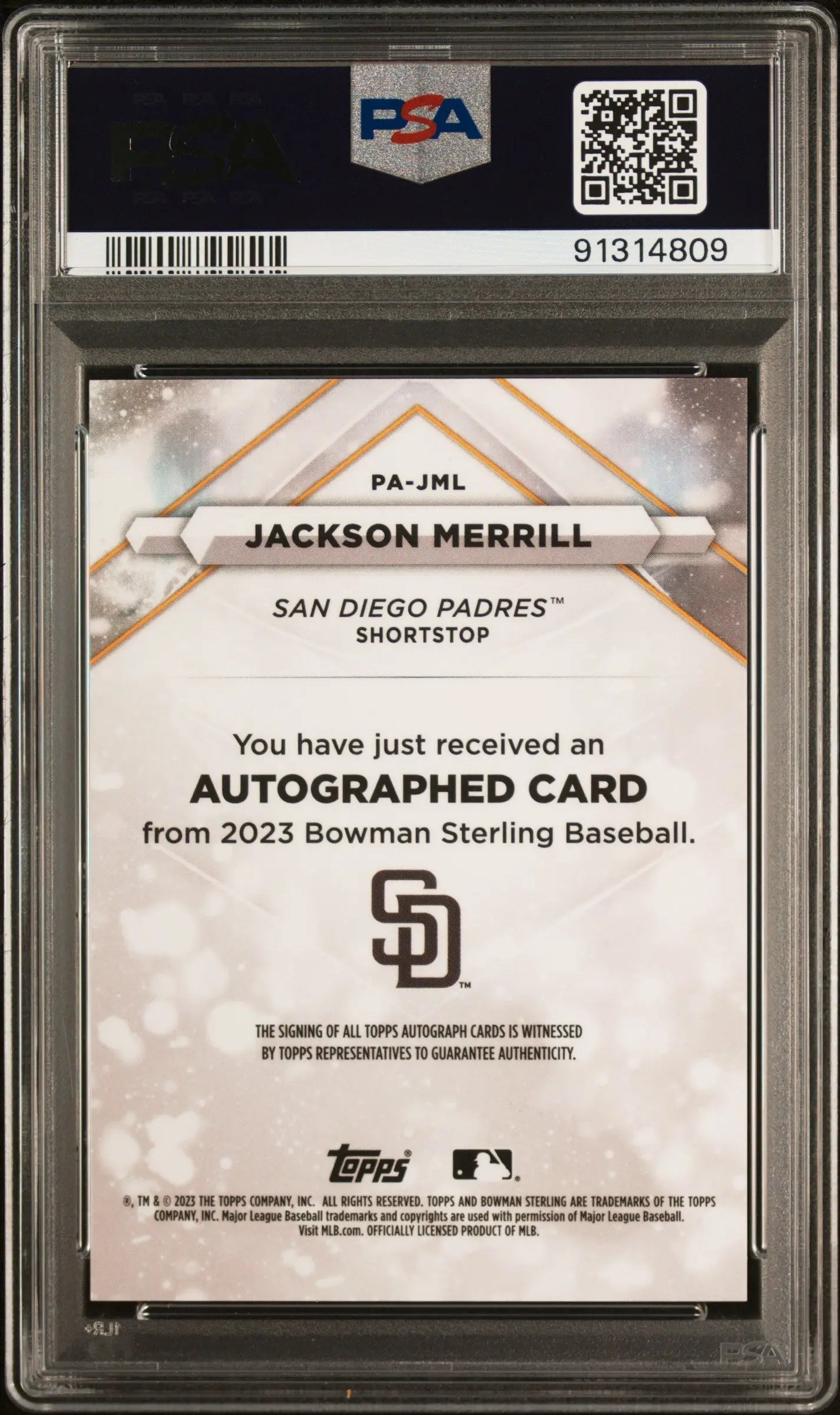 2023 Bowman Sterling Jackson Merrill Baseball Prospect Autograph Card PSA 9 Gem Mint - Perfect for Sports Collectors, Investment & Display Cases