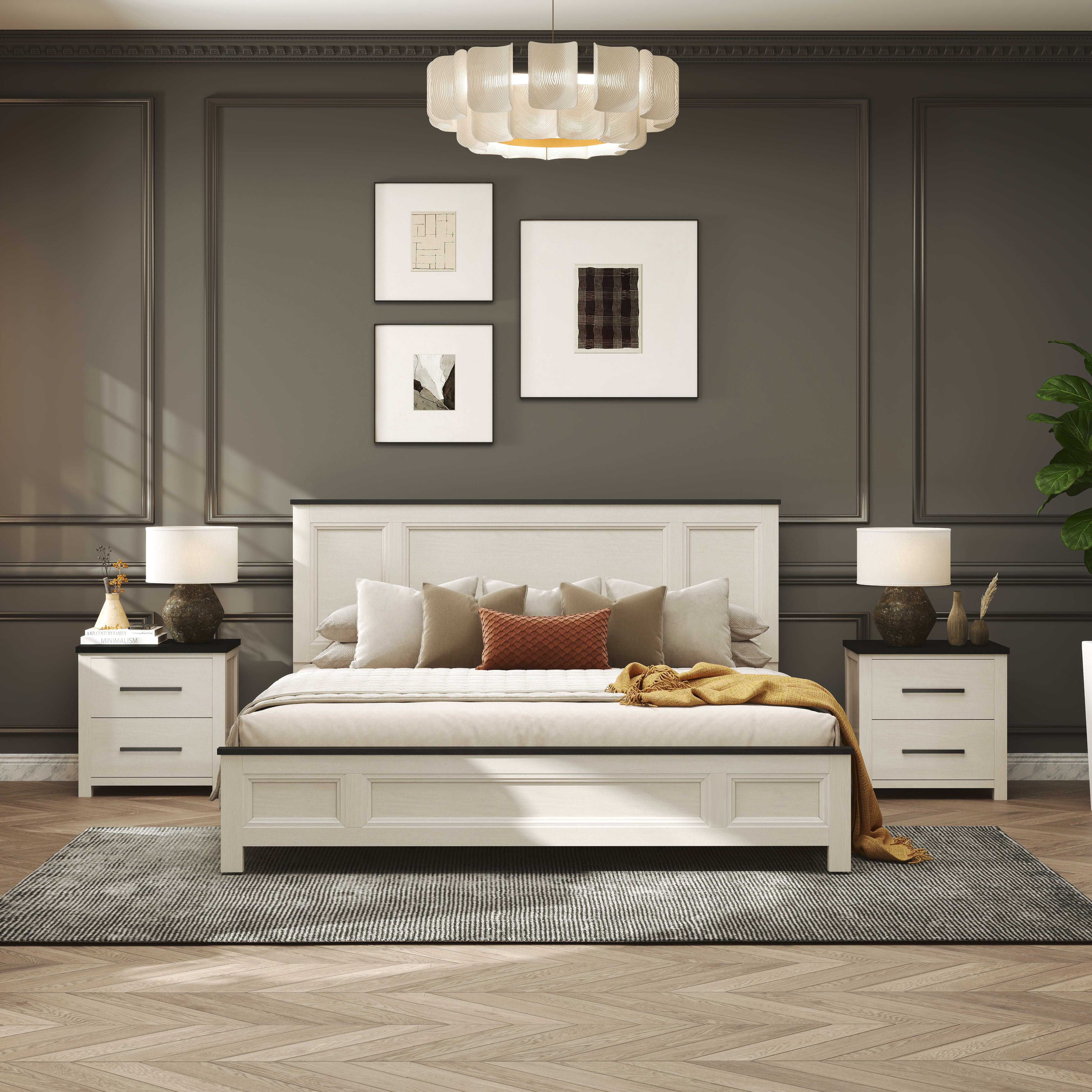 Roundhill Furniture Realynn Wood Bedroom Collection - Queen Size Bed Frame, Nightstand & Dresser Set in Off White Finish | Modern Farmhouse Style for Master Bedroom & Guest Room Decor