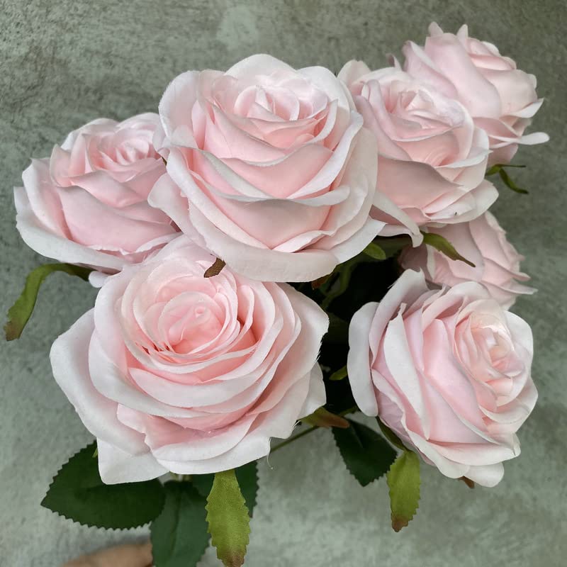 9 Head Artificial Silk Rose Bouquet - Light Pink Fake Flowers for Home Decor, Wedding Centerpieces, Bridal Photography, Garden & Party Decoration - Realistic Floral Arrangement for Tables, Events & DIY Crafts