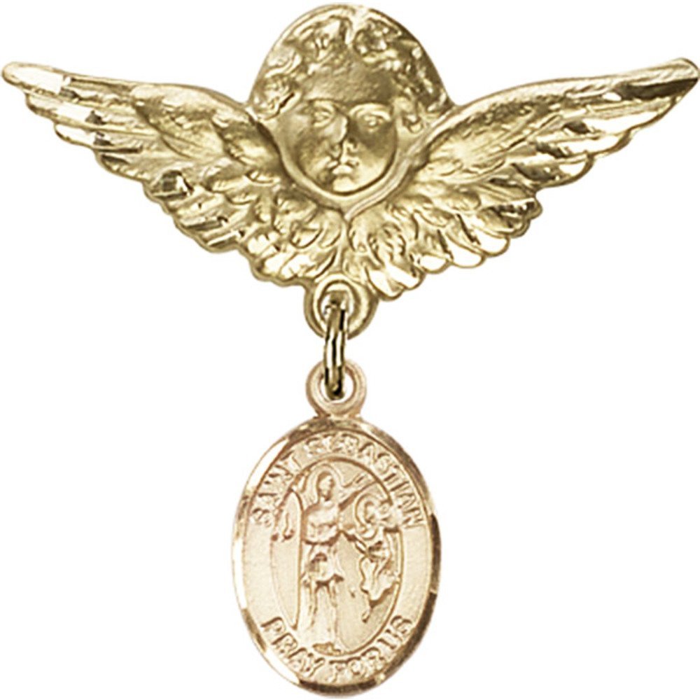 18K Gold Filled Baby Badge Pin with St. Sebastian Charm & Angel Wing Pendant - 1 1/8