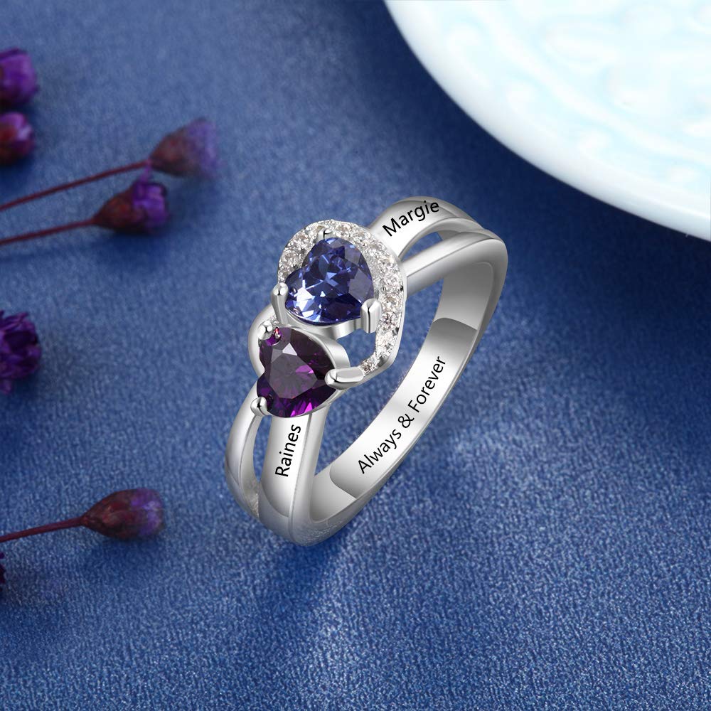 Promise Rings for Women - Personalized Love Heart Engagement Bands with 2 Simulated Birthstones & Custom Names - Perfect for Anniversaries, Valentine's Day Gifts & Romantic Proposals