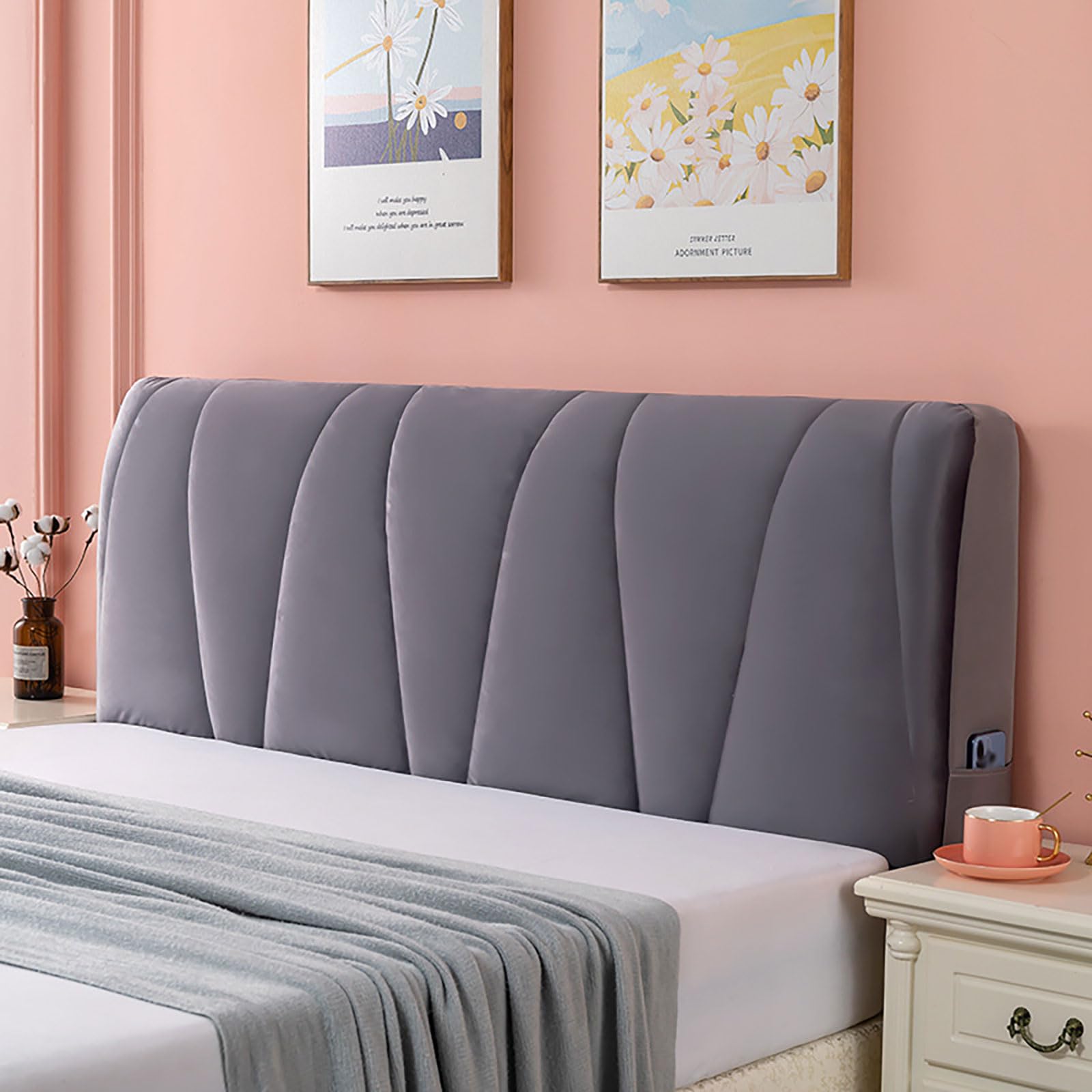 Velvet Bed Headboard Slipcover with Side Storage Pockets - Quilted Thickened Dustproof Protector for Queen/Full/Twin/Cal King Size Beds (Dark Grey, 180cm) - Perfect for Bedroom Decor & Space-Saving Organization