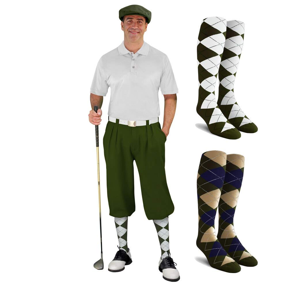 Men's Stylish Olive Green Golf Outfit Set - Matching Knickers, Cap & 2 Over-The-Calf Socks for Comfortable Golfing | Perfect for Golf Tournaments, Casual Play & Country Club Events
