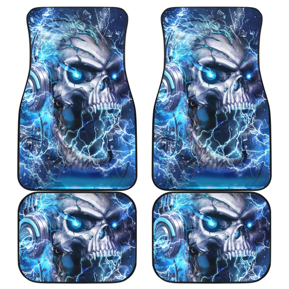 Gothic Skull Car Floor Mats with Blue Music Headphones - Non-Slip Custom Fit for Vehicles - Perfect for Rock Music Lovers & Gothic Style Car Accessories