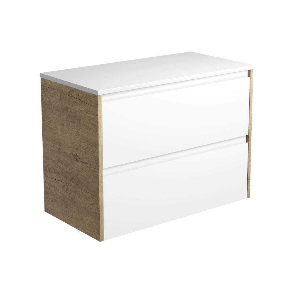 Fienza 90BWS Amato 900 Wall Mounted Bathroom Vanity Cabinet - Scandi Oak Panels in Satin White Finish (Cabinet Only) - Perfect for Modern Bathroom Renovations & Small Space Solutions