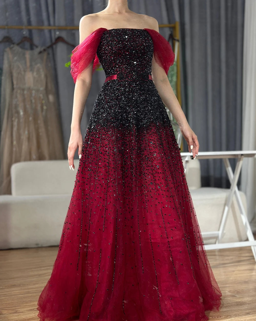 2025 Serene Hill Beaded Bling A-Line Evening Gown - Elegant Wine Red Gradual Change Luxury Dress for Women | Perfect for Parties, Galas & Formal Events