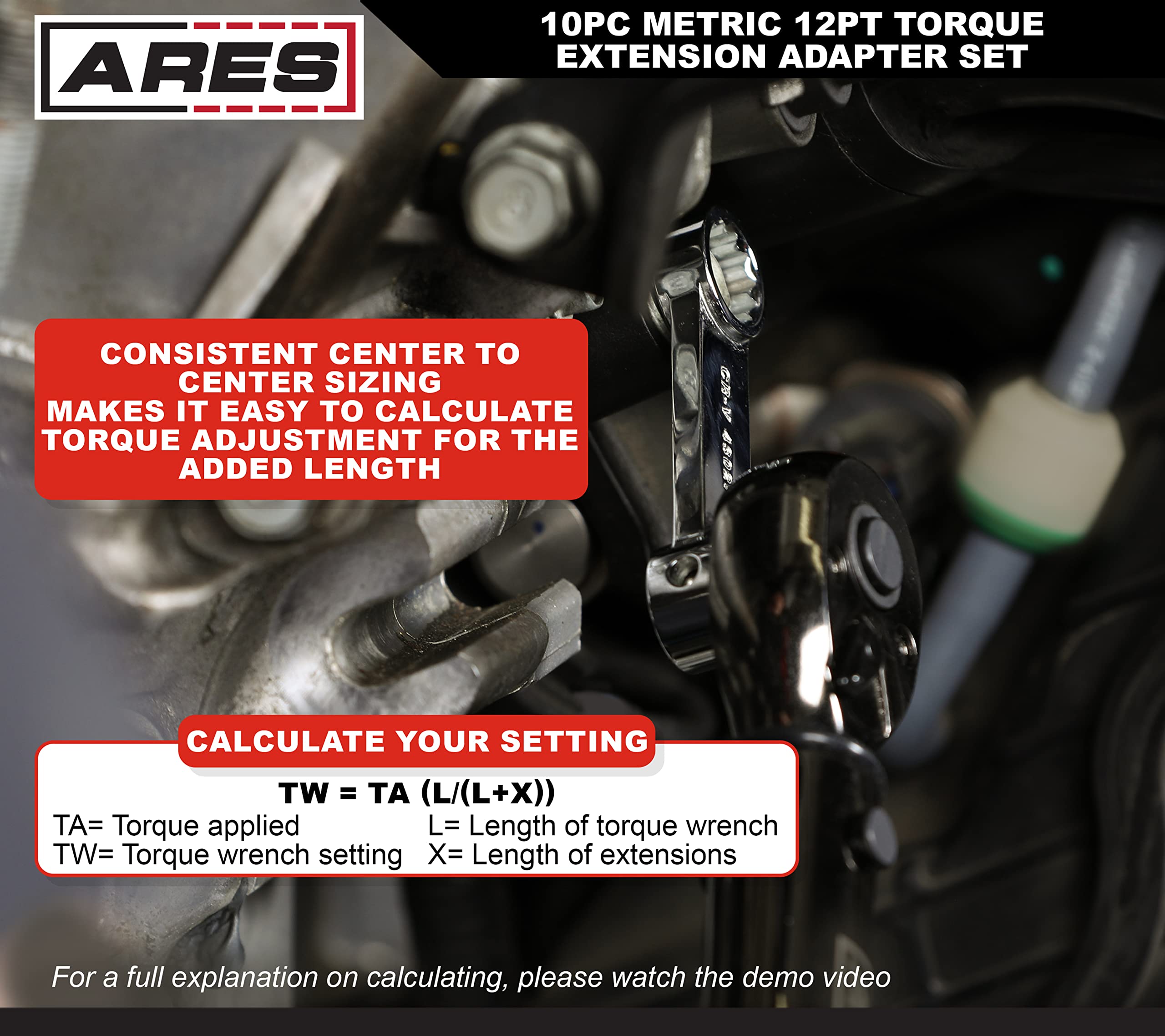 ARES 43036 10-Piece Metric 12-Point Box End Torque Adapter Extension Set - 3/8-Inch Drive Chrome Vanadium Steel Wrench Set with EVA Foam Tray - Perfect for Automotive Repair, Machinery Maintenance and Tightening Bolts in Hard-to-Reach Spaces