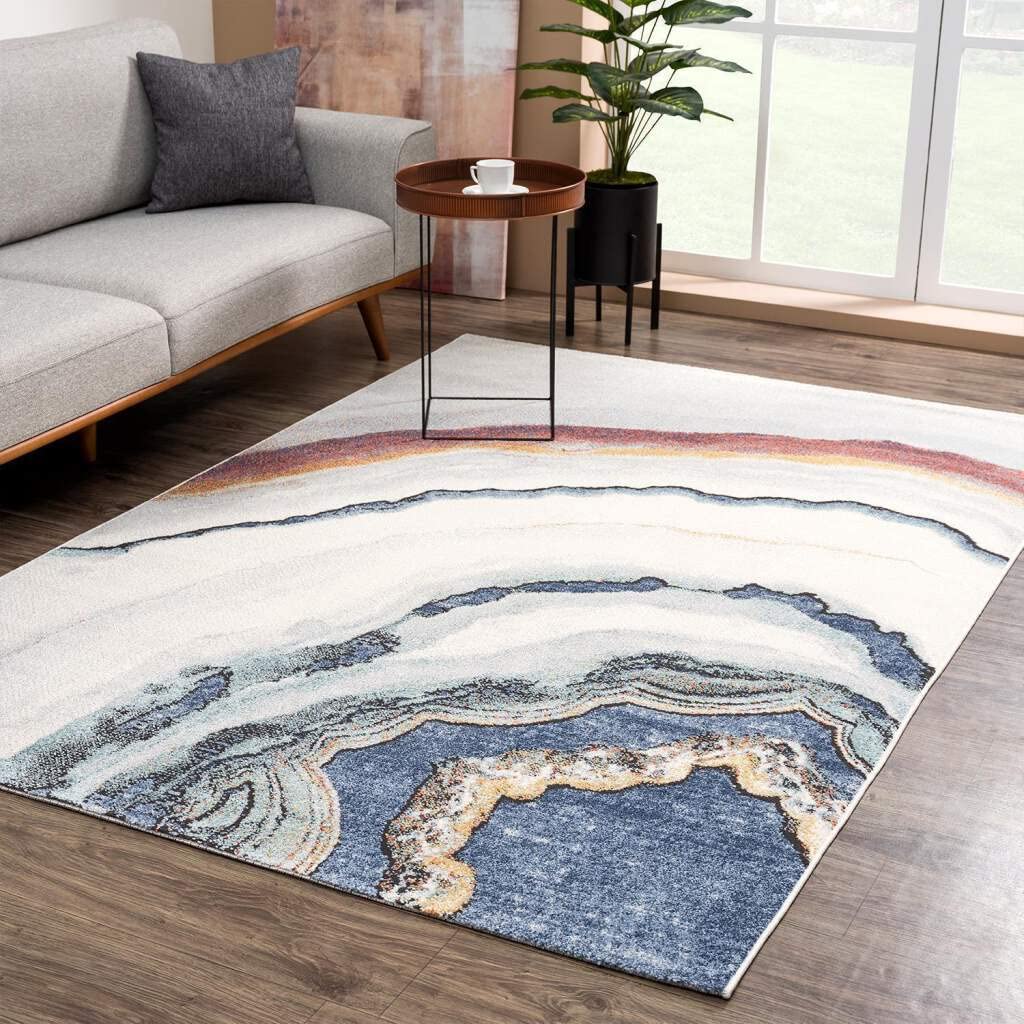 LaDole Rugs Modern Abstract Area Rug - Marble Lava Pattern in Turquoise Blue, Ivory & Red - 3x5 Feet (2'7
