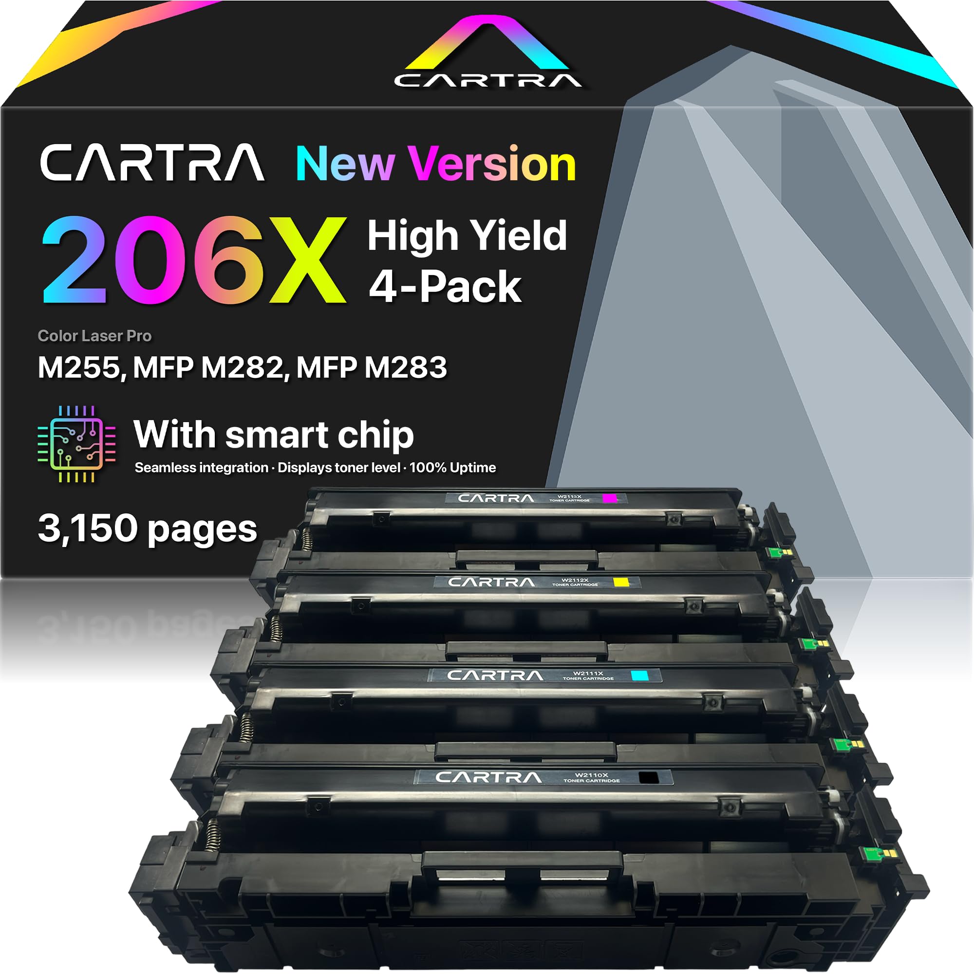 CARTRA 206X 4-Pack High-Yield Toner Cartridge Set for HP Color LaserJet Pro M283fdw/M283cdw/M283fdn/M255dw/M255nw/M282nw Printers - Compatible with 206A & W2110X - Ideal for Office, Home & Small Business Printing Needs